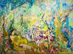 Se reposer dans son jardin. Grande peinture à l'huile figurative contemporaine