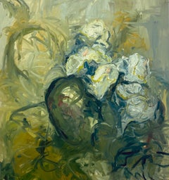 "Rododendro" Pittura a olio su natura morta espressionista contemporanea di grandi dimensioni