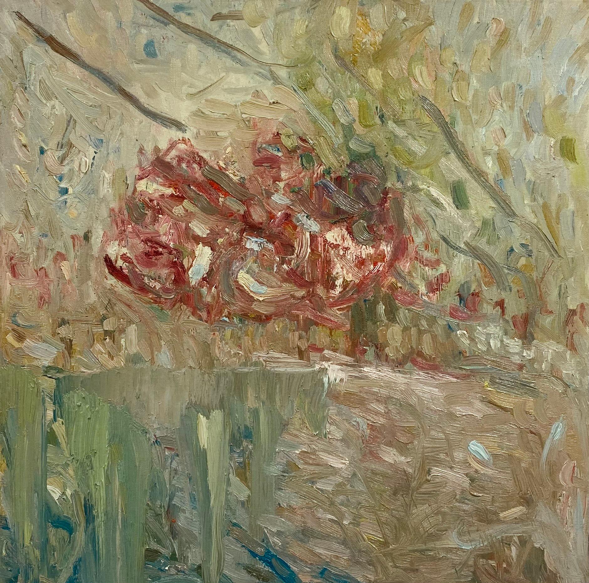 FRANCESCA OWEN  Abstract Painting – Roses In Bloom By The Lake. Abstrakt-expressionistisches Ölgemälde