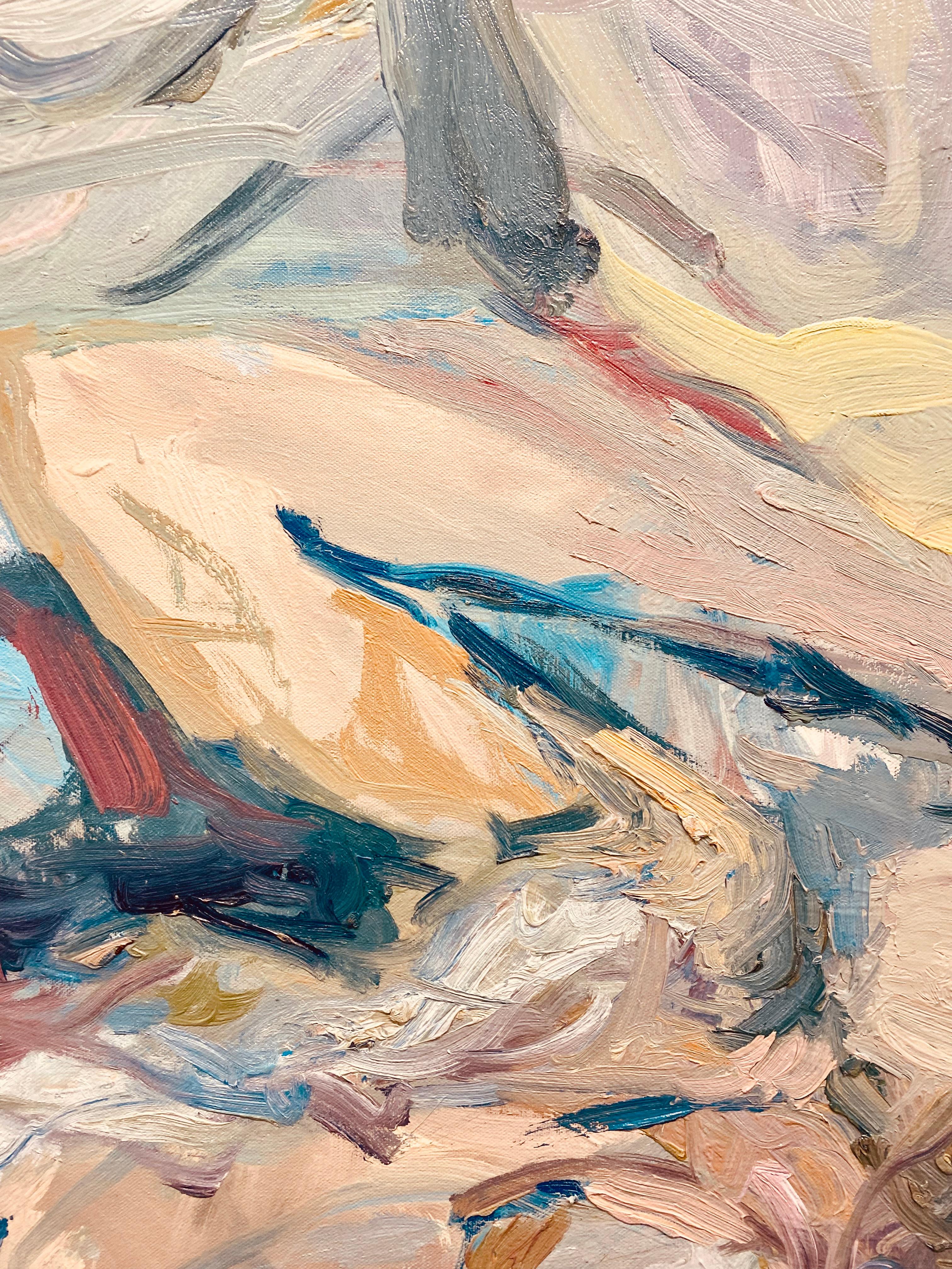 Dormir bajo un cielo amarillo limón. Pintura al óleo figurativa expresionista de gran tamaño - Painting de FRANCESCA OWEN 