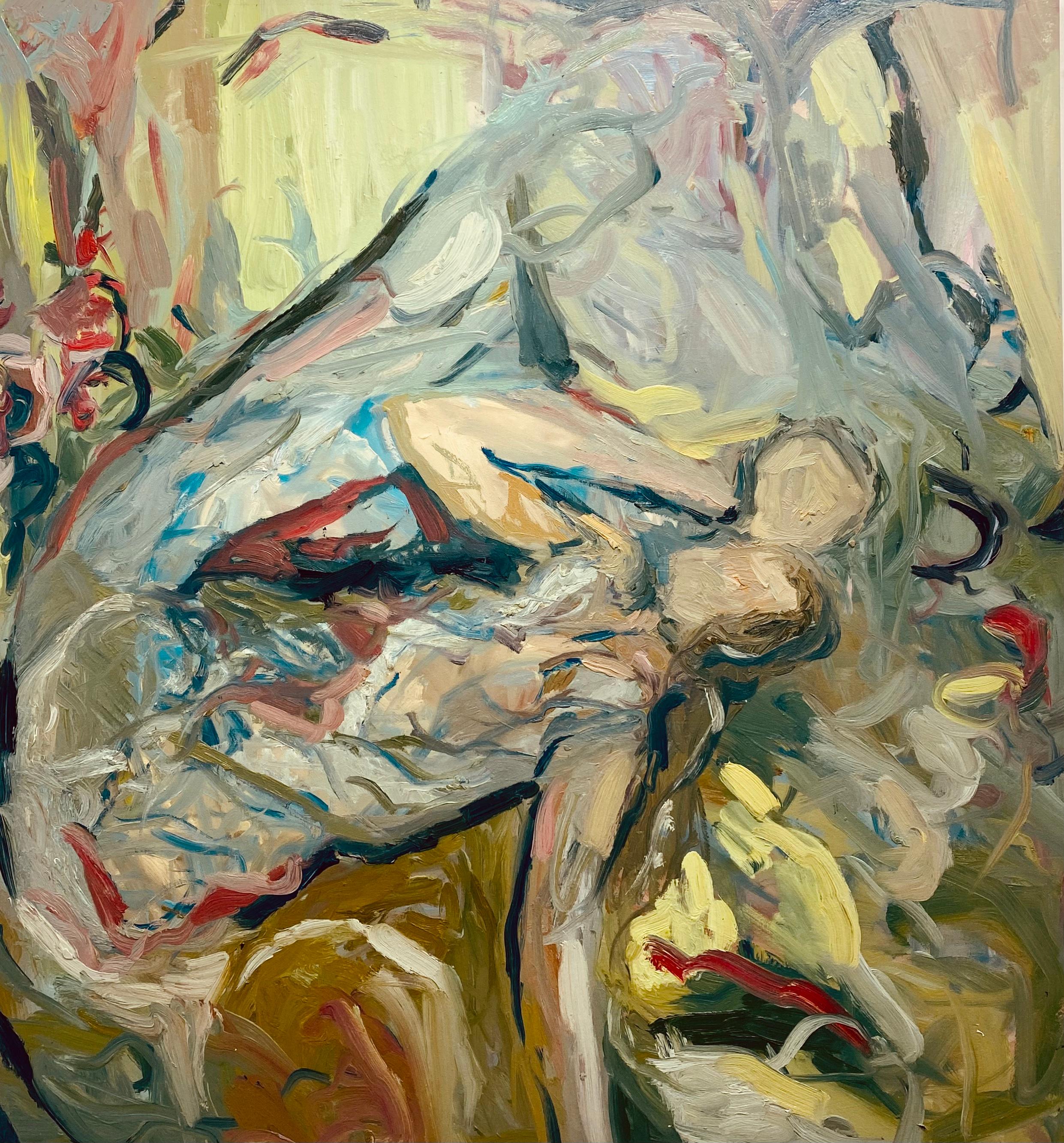 Figurative Painting de FRANCESCA OWEN  - Dormir bajo un cielo amarillo limón. Pintura al óleo figurativa expresionista de gran tamaño