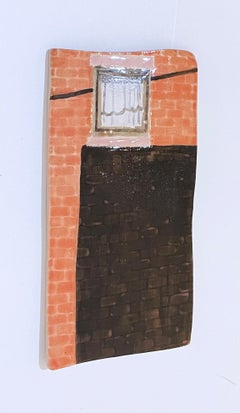 At Your Own Door (2021) Glazed ceramic painting, cityscape, bricks, earth tones