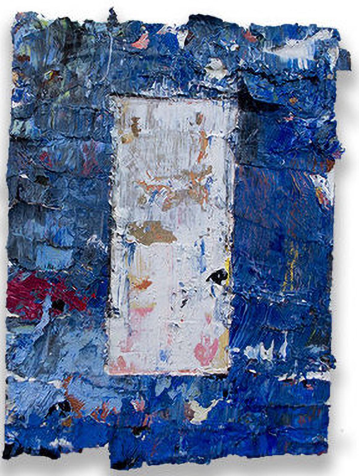 Landscape Painting Francesca Reyes - « Door #22 (Paint) », huile sur panneau de bois, couches d'empâtement bleu, porte urbaine abstraite