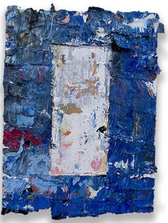 „Tür #22“ Abstrakte Stadttür, Öl auf Holzplatte, Schichten aus blauem Impasto
