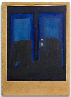 "Door #29 (Double)" Oil on panel, black, blue, gold, wood grain, architecture