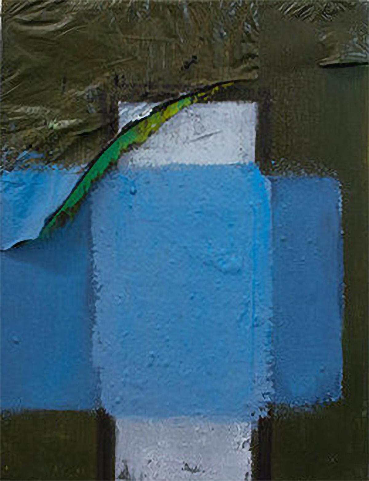 Francesca Reyes Abstract Painting - "Door #6 (Tarp)" Oil on panel, textured abstract urban architecture painting