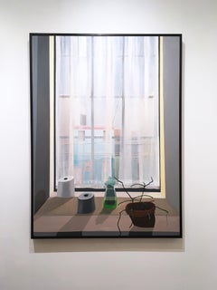 Ledge, still life oil painting, interior, window, architecture, cityscape, plant