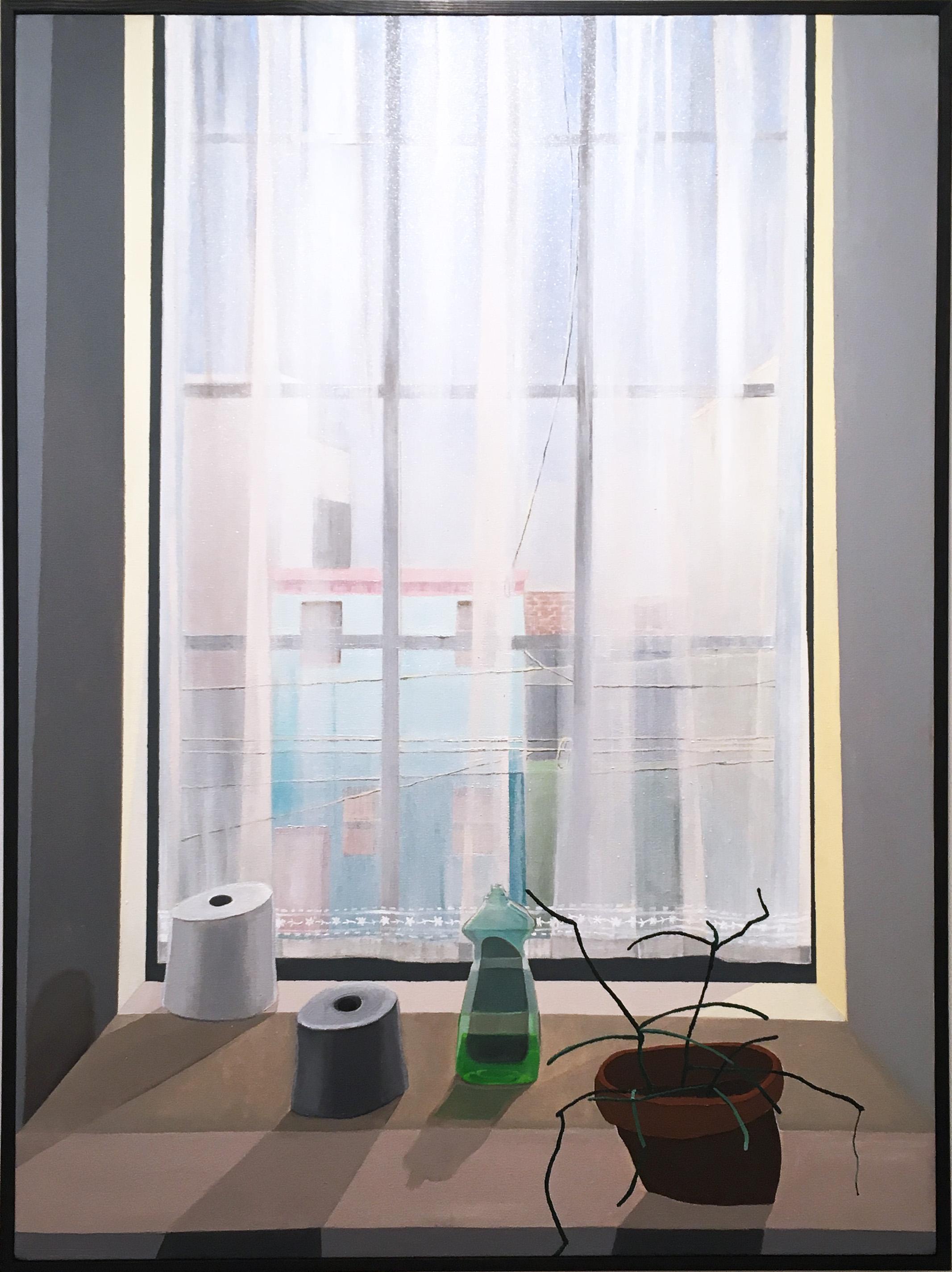 Francesca Reyes Still-Life Painting - Ledge, still life oil painting, interior, window, architecture, cityscape, plant