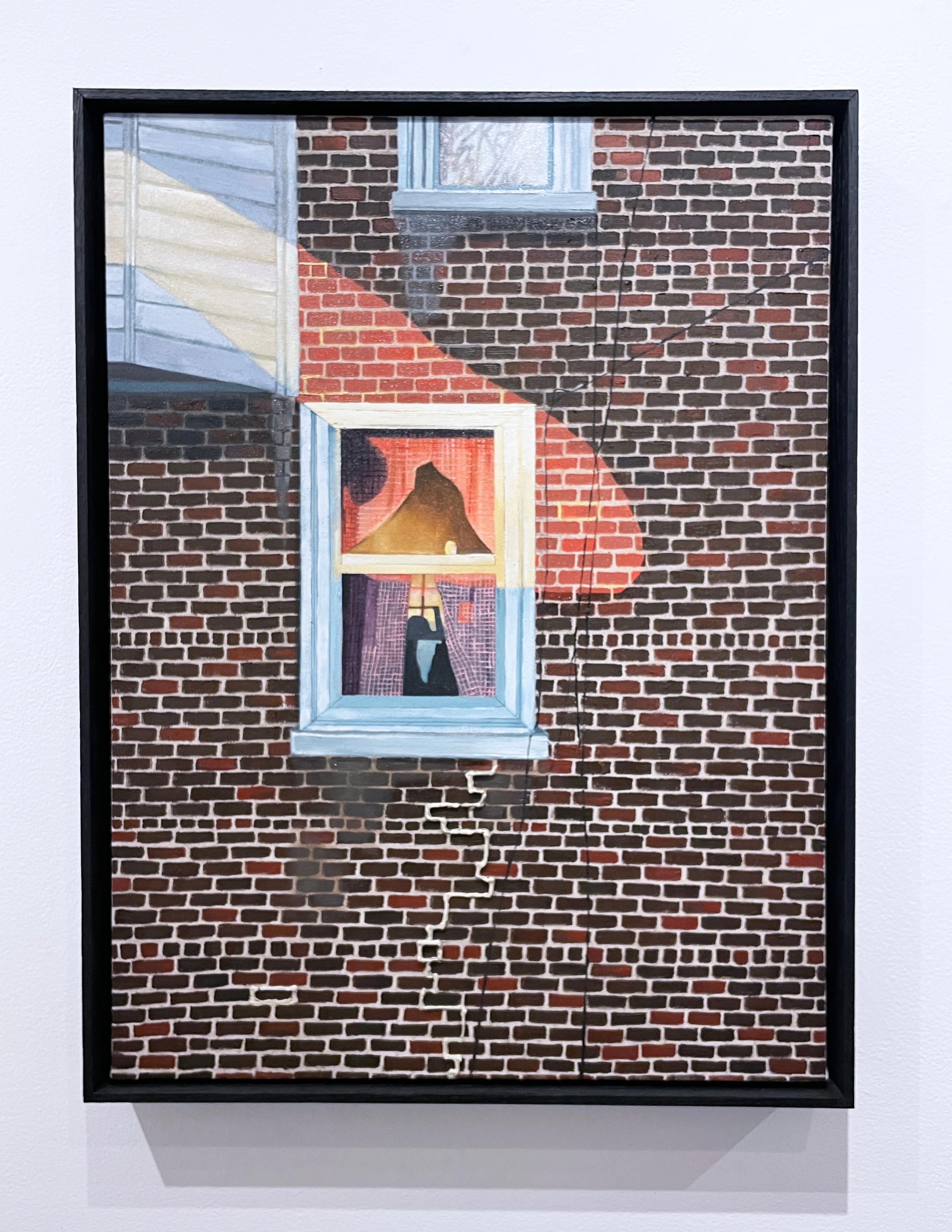 Light Diaries, oil on panel in wood float frame, cityscape, brick, sunlight - Painting by Francesca Reyes