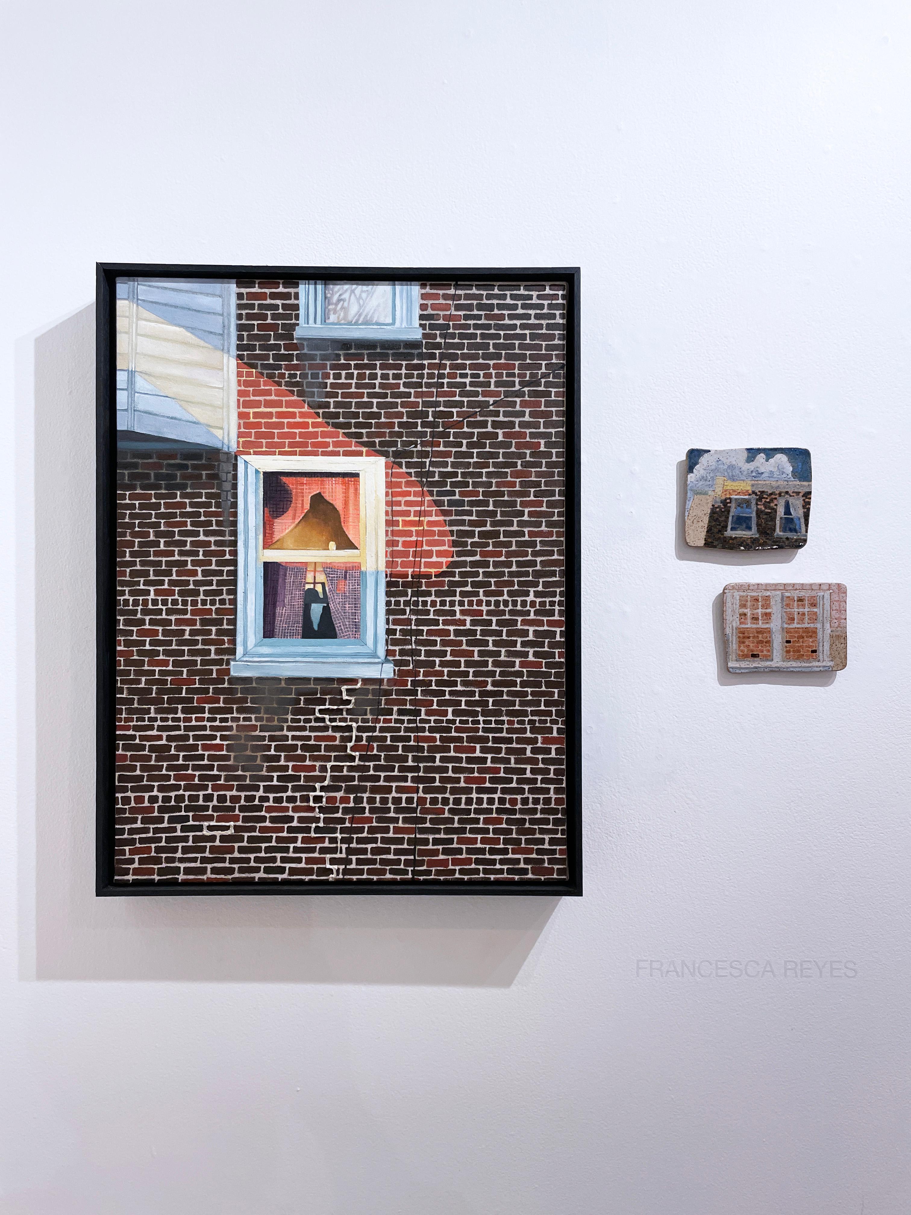 Light Diaries, oil on panel in wood float frame, cityscape, brick, sunlight - Contemporary Painting by Francesca Reyes