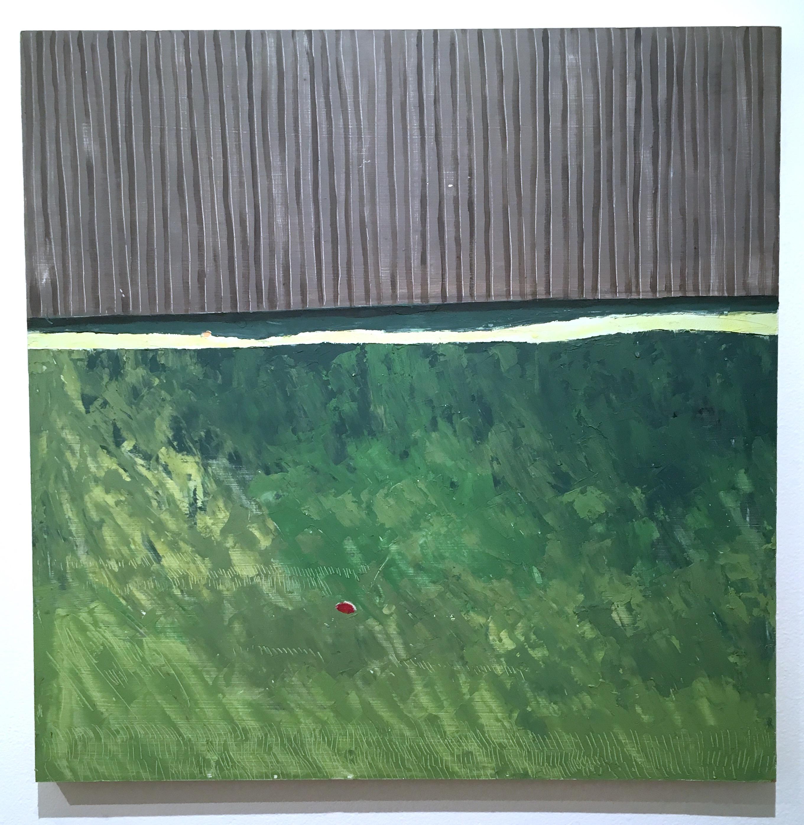 Yard (2016), Oil on panel, backyard landscape with green grass and gray fence - Painting by Francesca Reyes