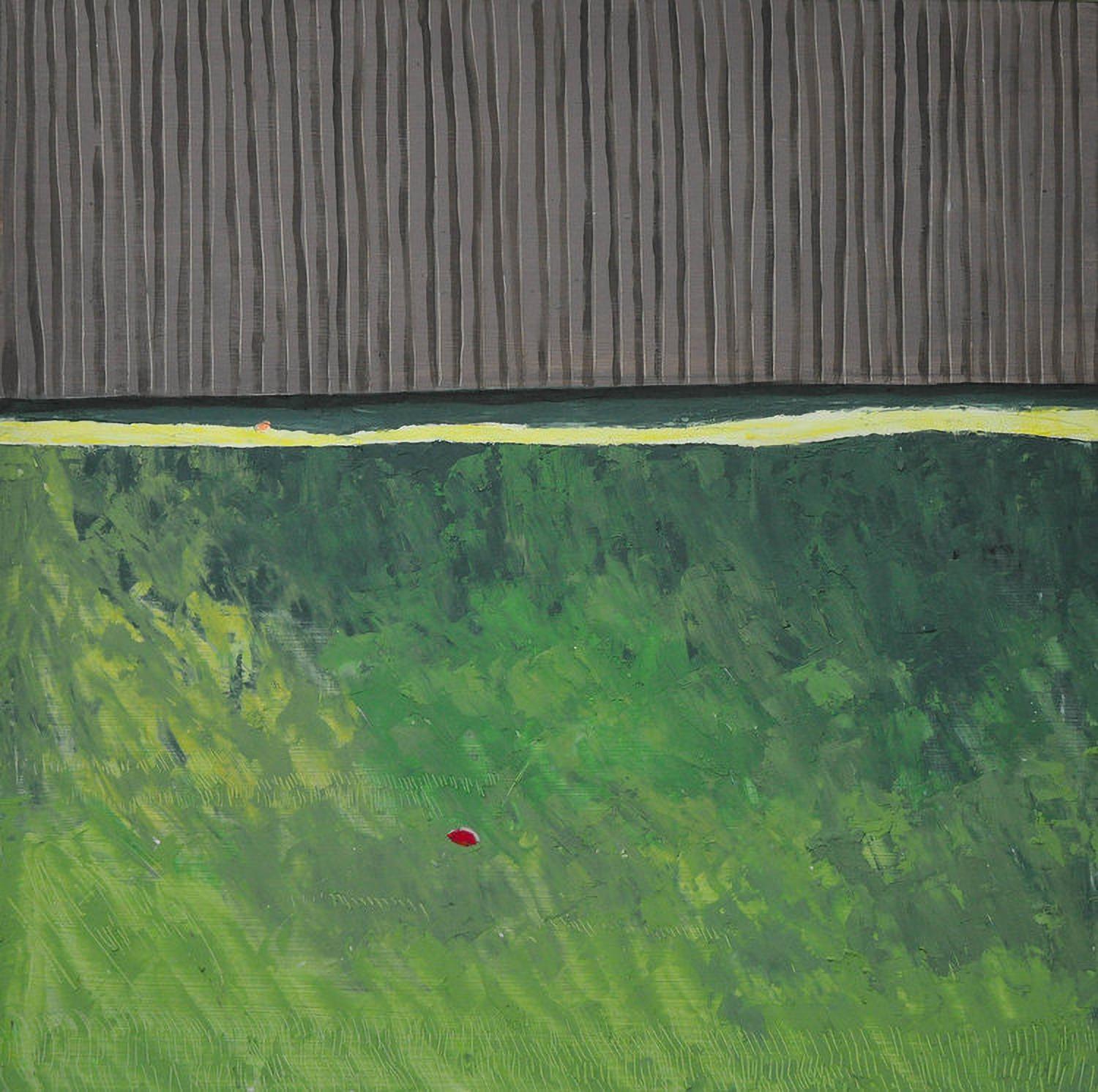 Yard (2016), Oil on panel, backyard landscape with green grass and gray fence