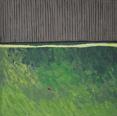 Yard (2016), Ölgemälde auf Tafel, Gartenlandschaft mit grünem Gras und grauem Zaun