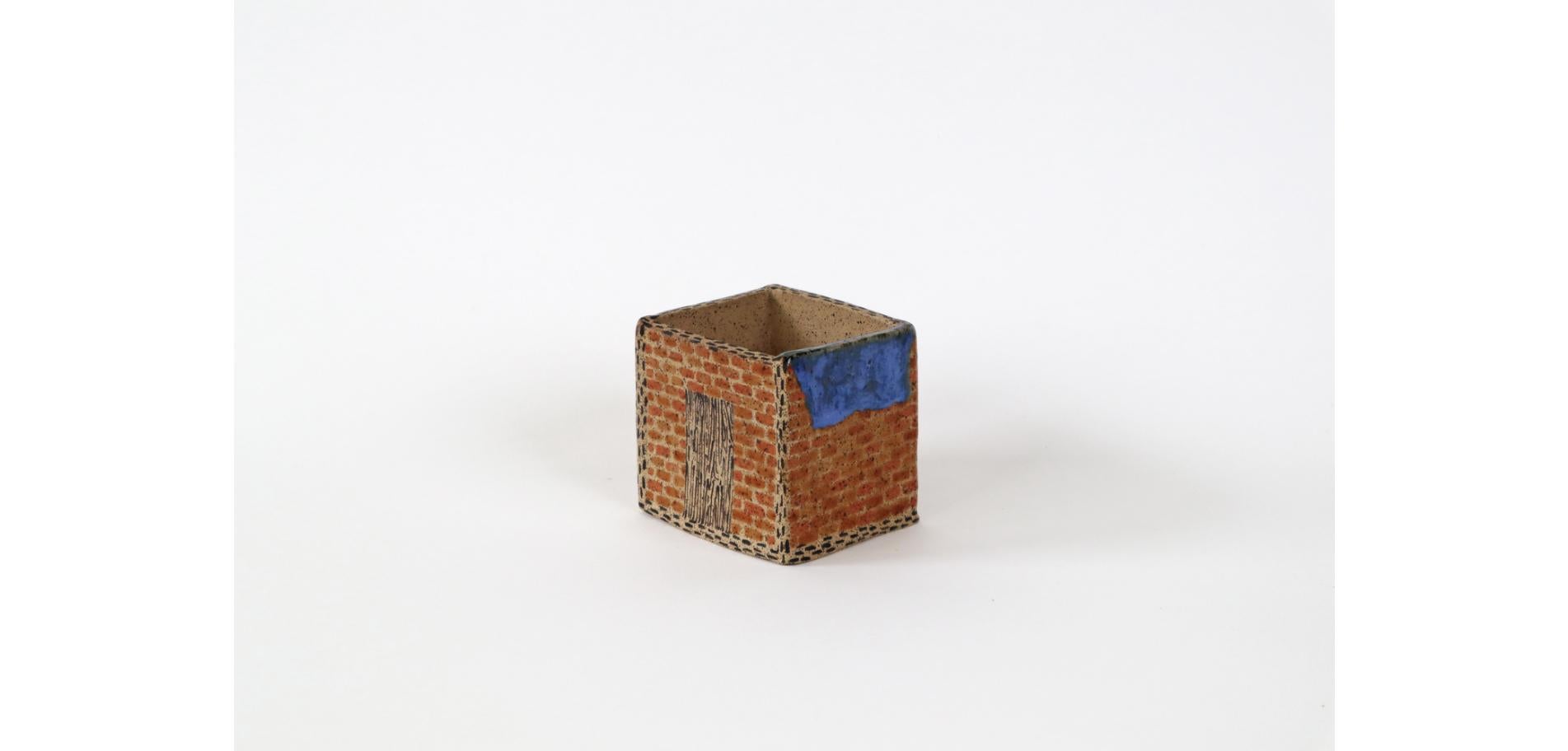 Brick House, Blue Tarp, Ceramic Sculpture, Glaze, Earth tones, Plant potter 3