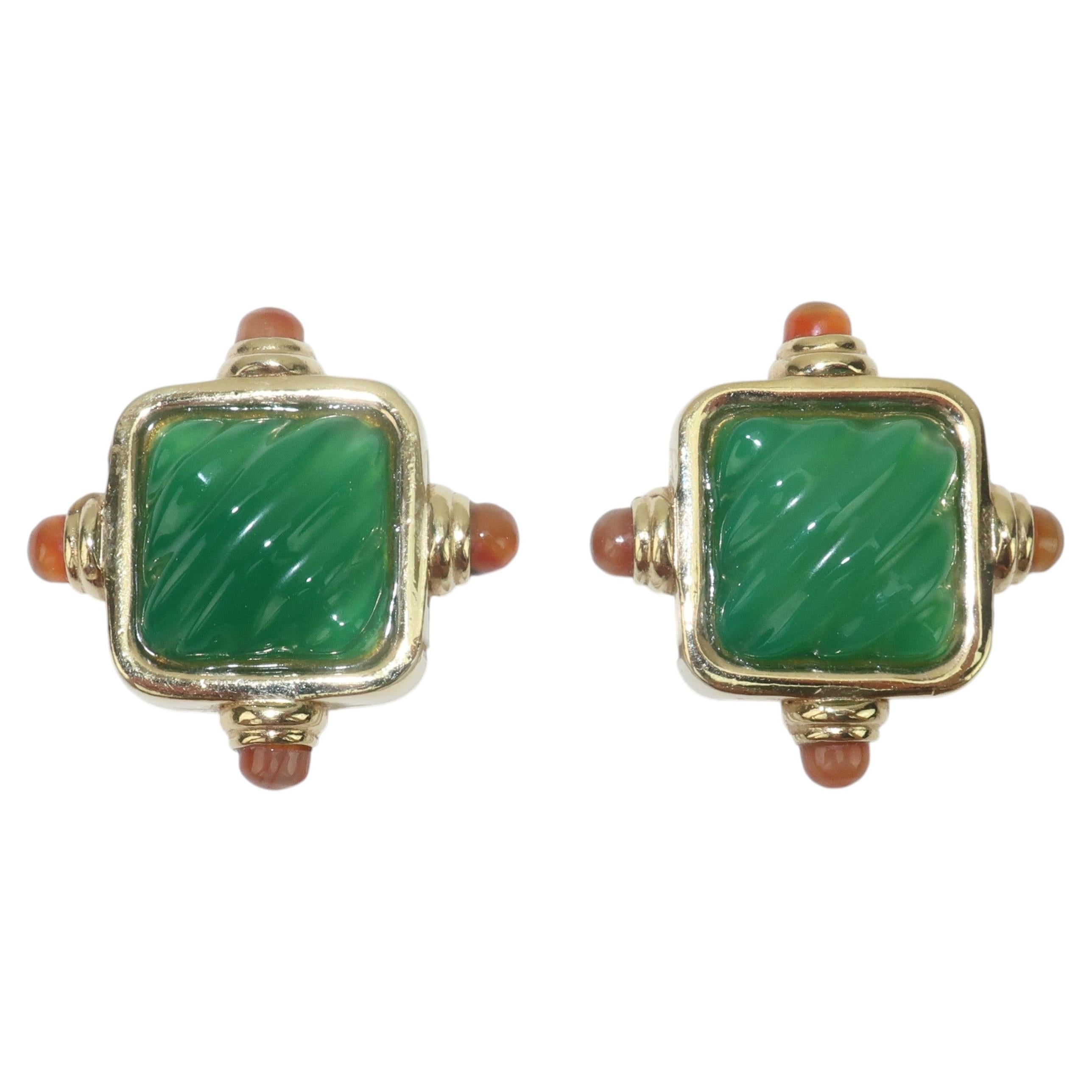 Francesca Romana Gold Plated Clip-On Earrings with Emerald Green Glass