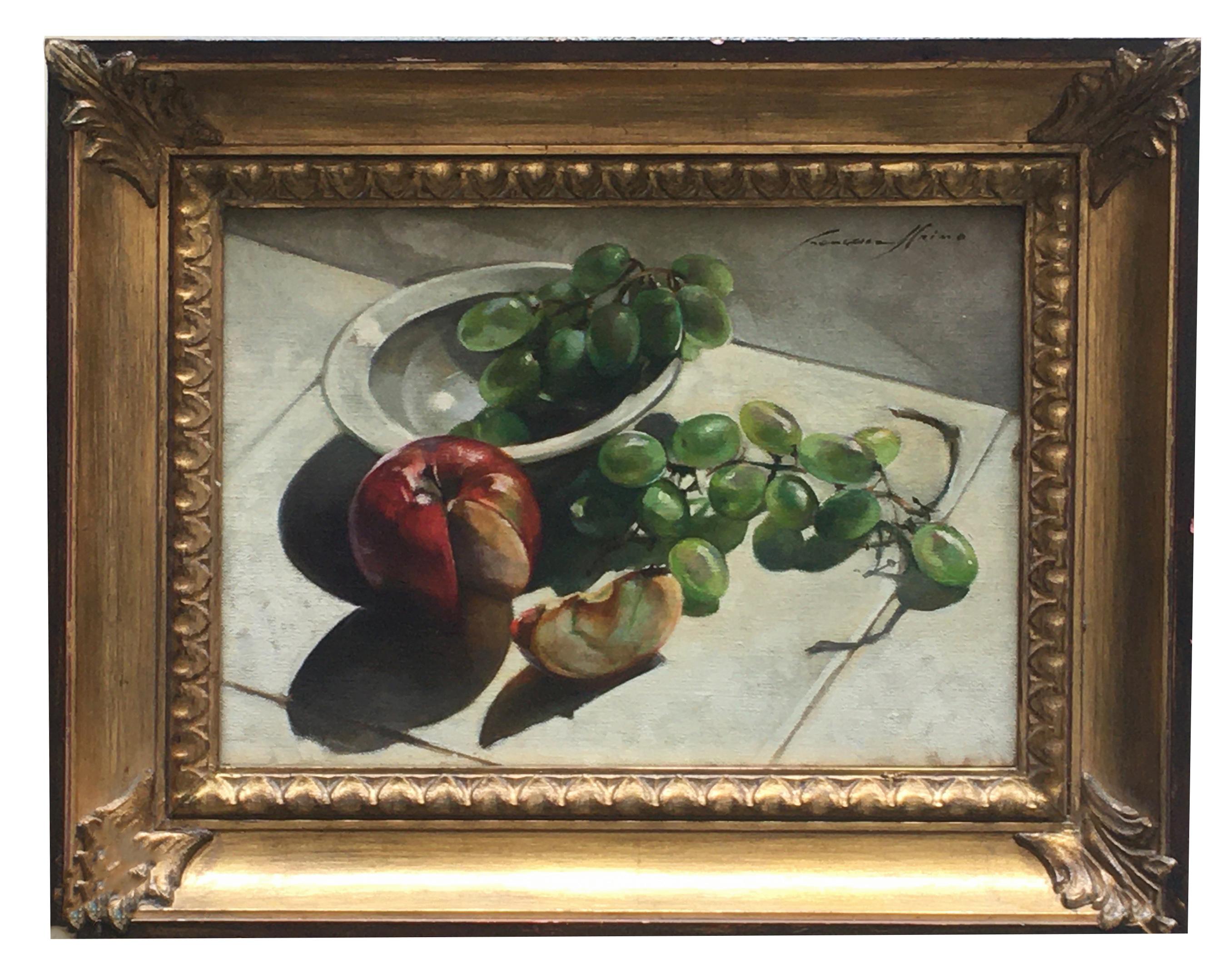 Still life - Oil on canvas painting cm.25x35, Francesca Strino, Italy., 2005
Gold leaf gilded and white lacquered wooden frame cm.37x31

Beautilful and realistic still life, authenticated and dated on the back by the artist..