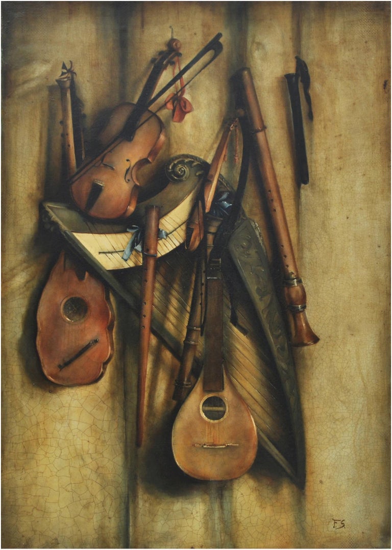 STILL LIFE MUSICAL INSTRUMENTS- Francesca Strino Italian oil on canvas painting For Sale 1