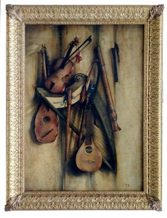 STILL LIFE MUSICAL INSTRUMENTS- Francesca Strino Italienisches Gemälde in Öl auf Leinwand