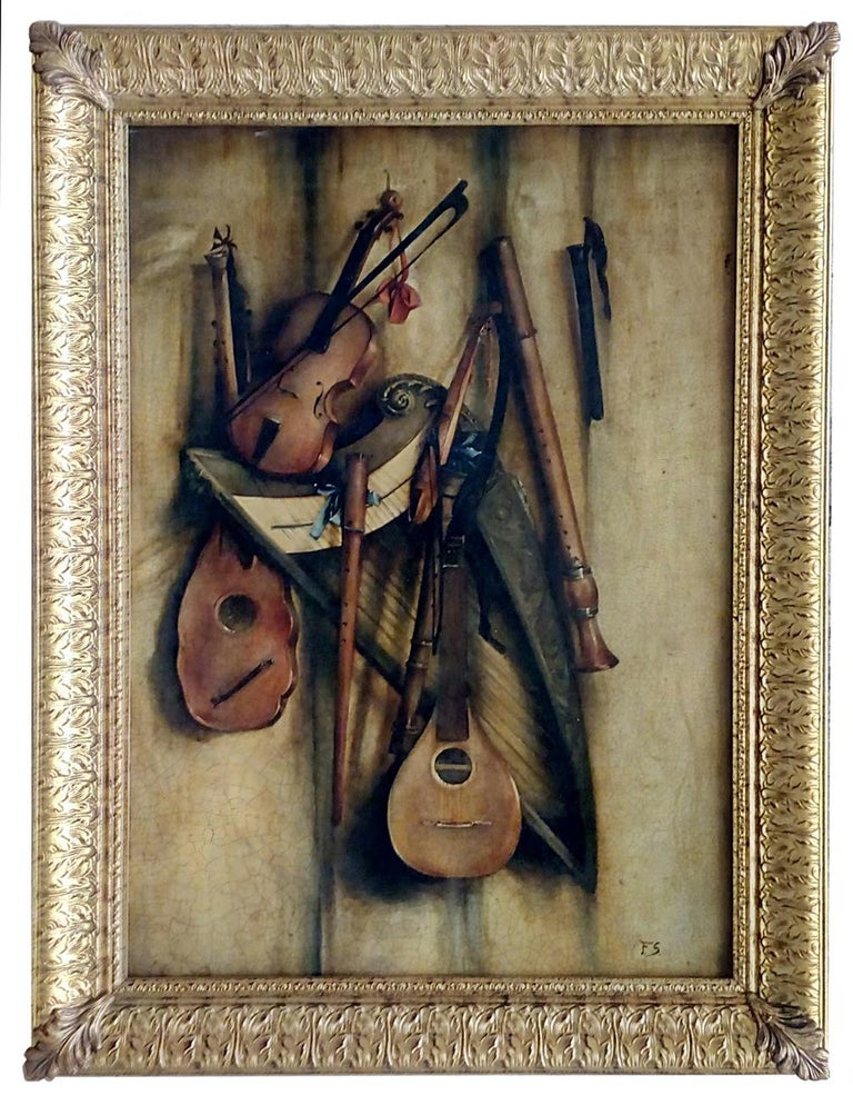 Francesca Strino STILL LIFE MUSICAL INSTRUMENTS Italian oil on canvas painting, Francesca