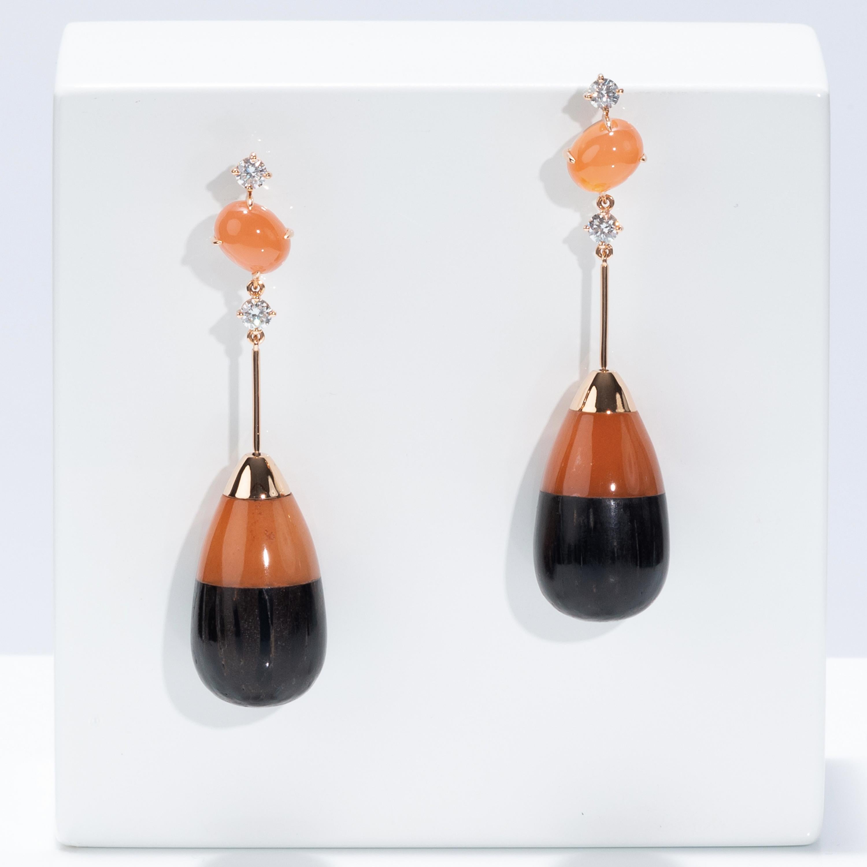 Contemporary Francesca Villa's 18k Gold, Lacewood, Adventurine, Orange Sapphire Drop Earrings For Sale