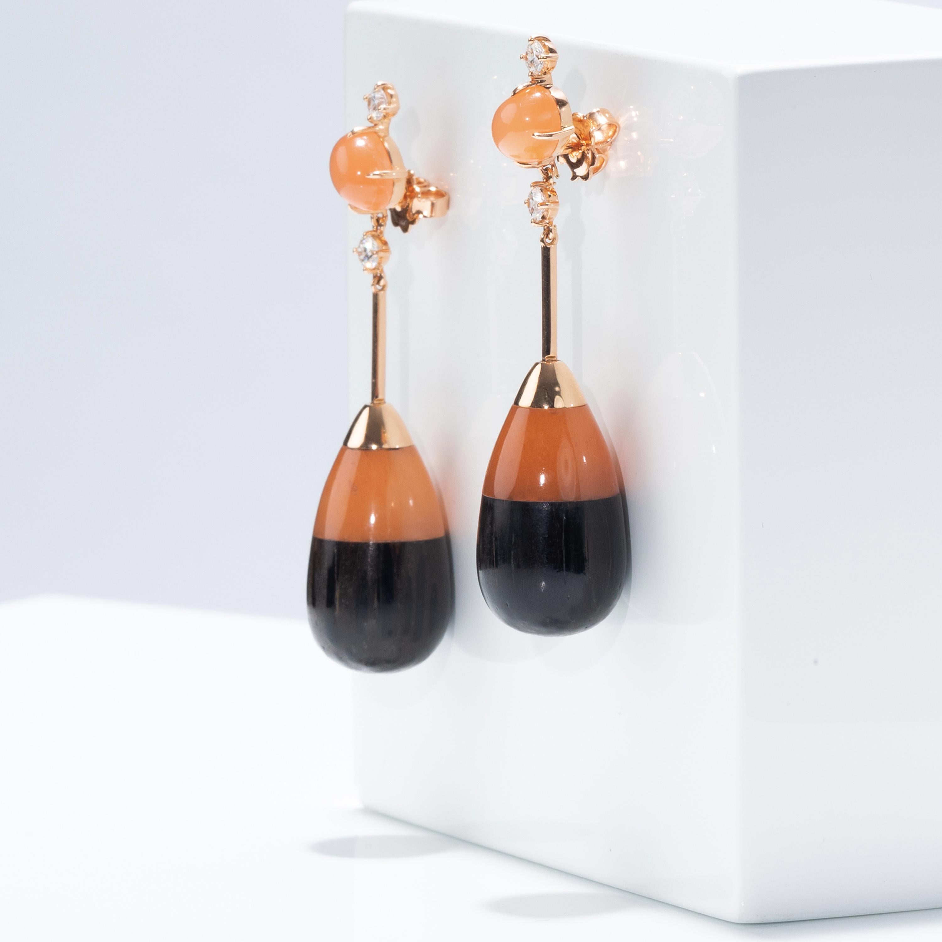 Cabochon Francesca Villa's 18k Gold, Lacewood, Adventurine, Orange Sapphire Drop Earrings For Sale