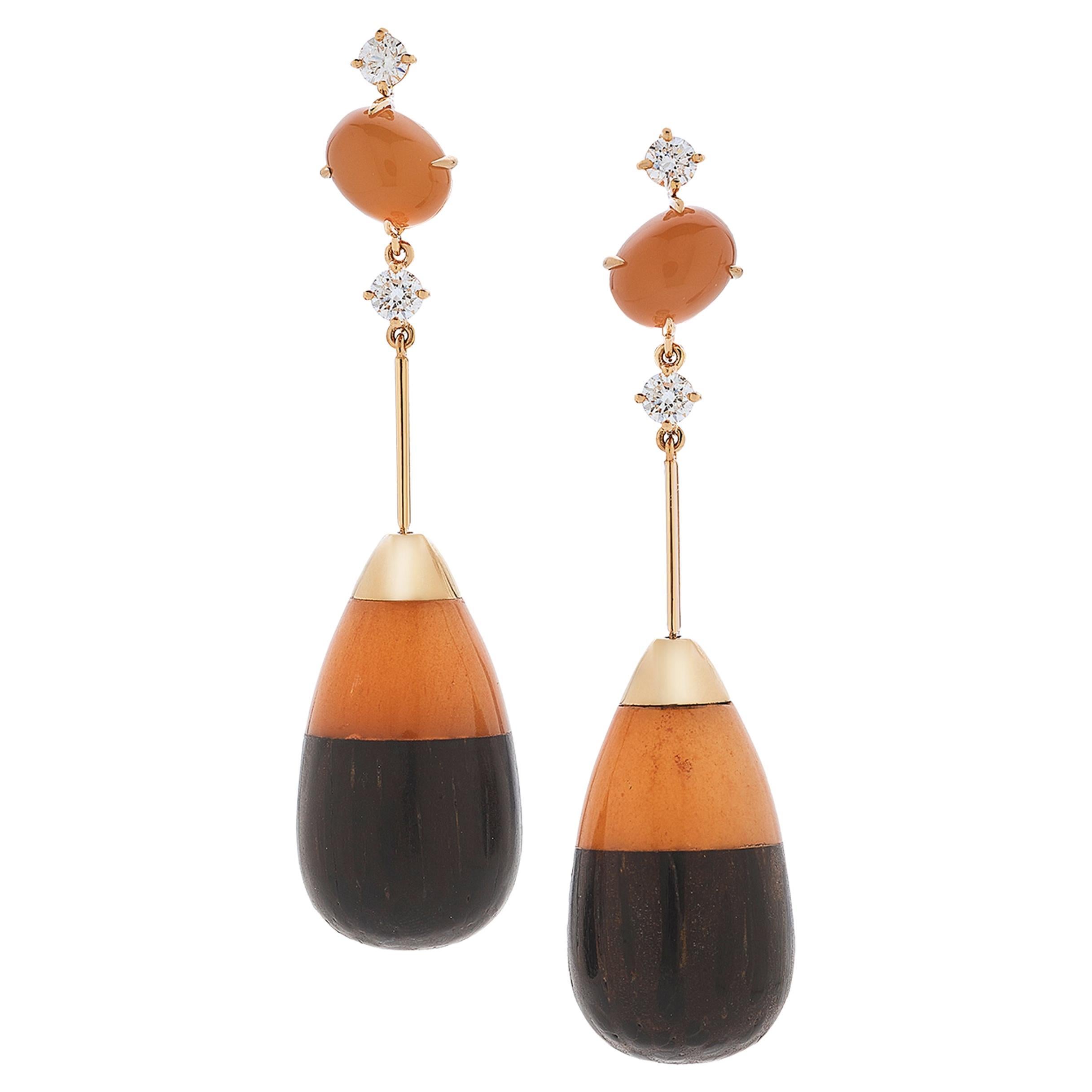 Francesca Villa's 18k Gold, Lacewood, Adventurine, Orange Sapphire Drop Earrings For Sale