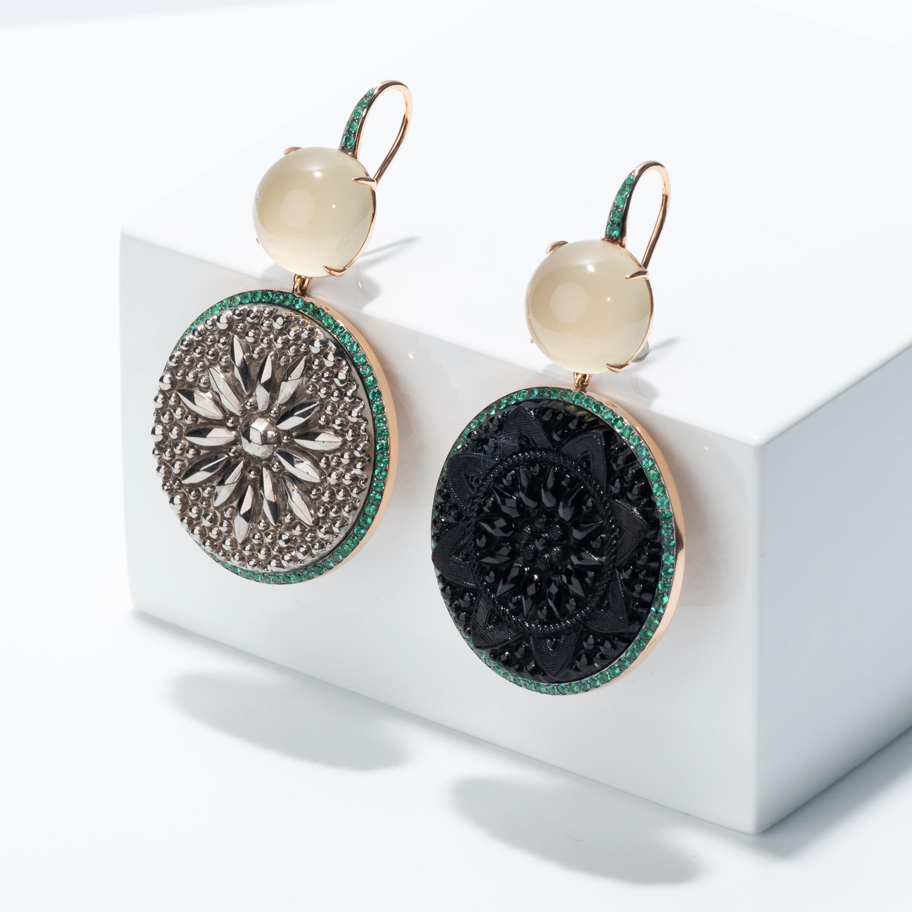 Emerald Cut Francesca Villa's Asymmetric 18kGold Quartz Emerald Button Black Silver Earrings For Sale