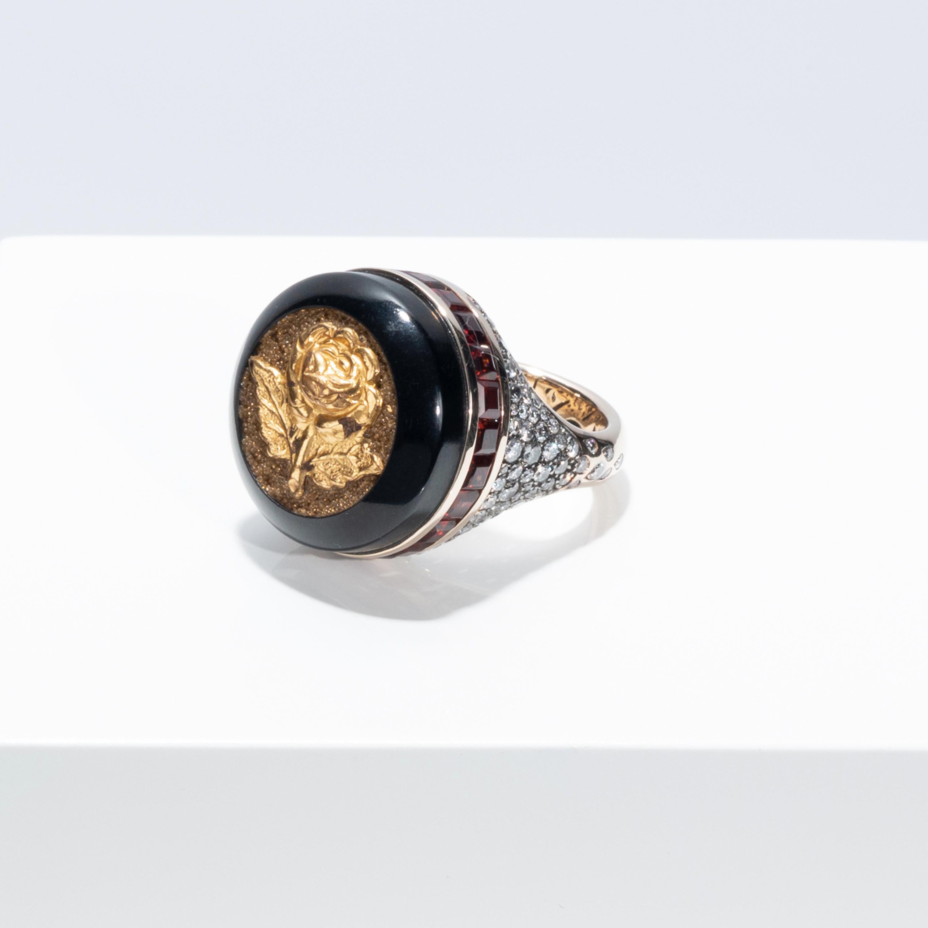 Contemporary Francesca Villa's Unique 18k Gold Diamond Garnet Vintage Button Black Rose Ring For Sale