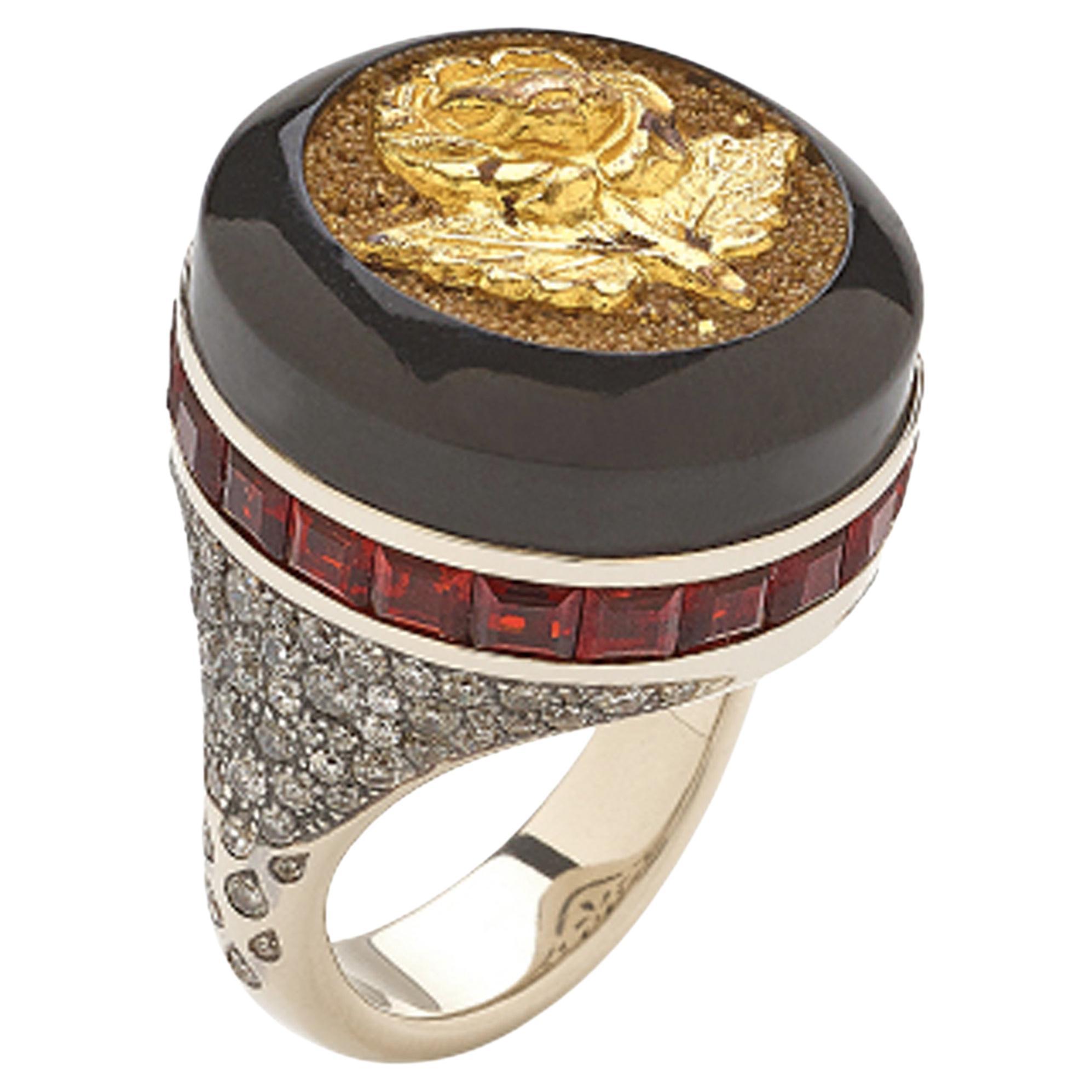 Francesca Villa's Unique 18k Gold Diamond Garnet Vintage Button Black Rose Ring For Sale