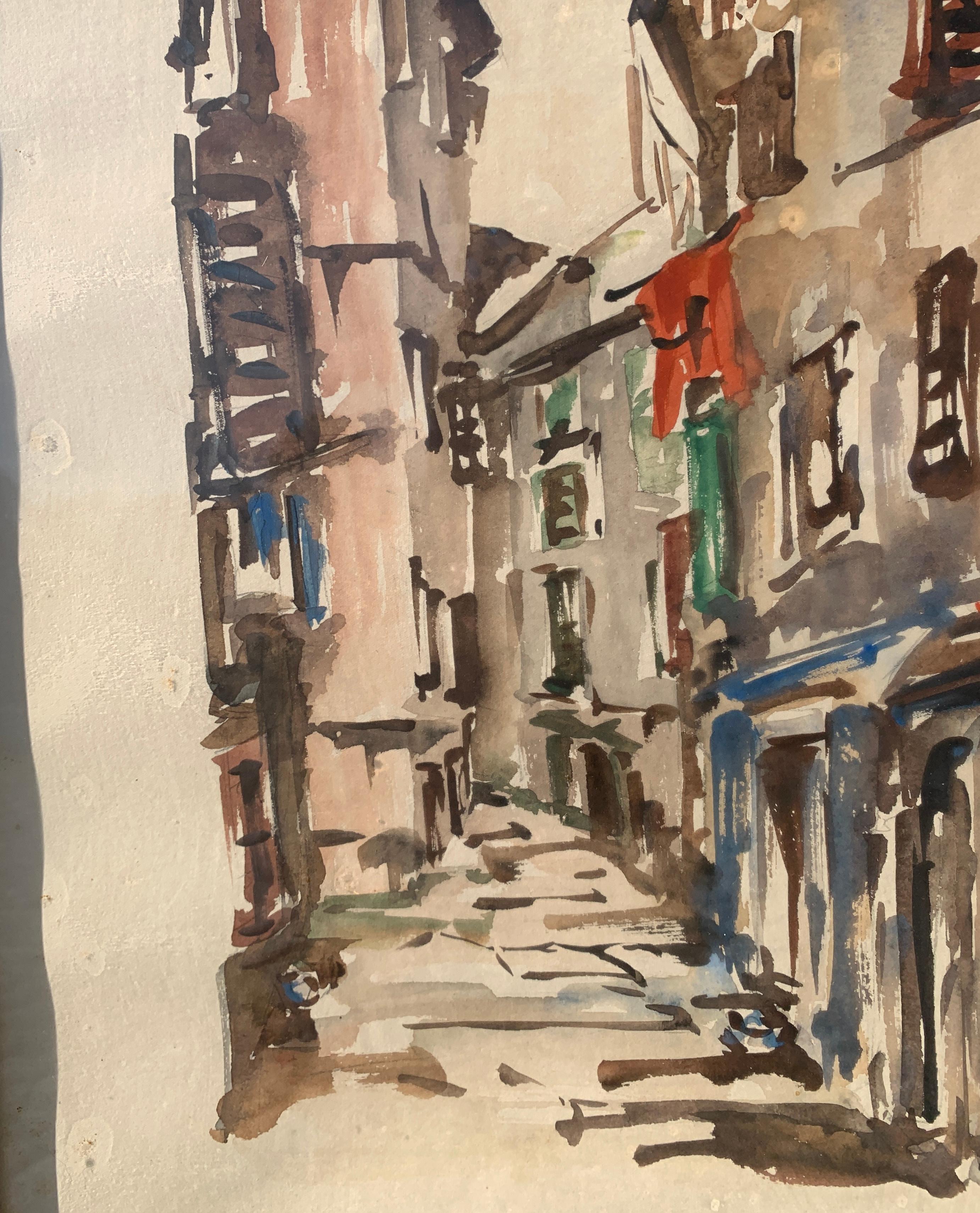 Vedutist Trieste Maler - 20. Jahrhundert Landschaftsmalerei - Cavazzeni Straße (Beige), Figurative Painting, von Franceschini