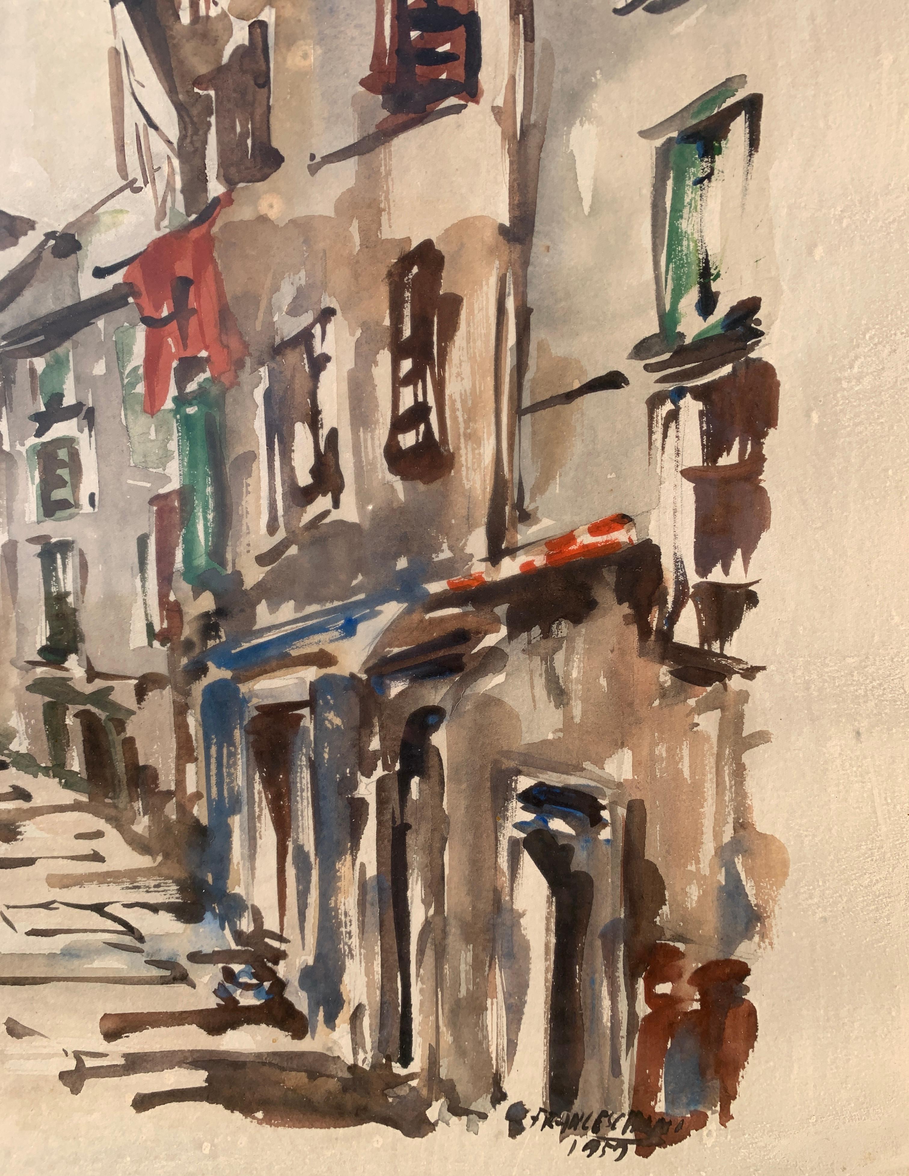 Maler aus Trieste (datiert 1959) - Via dei Cavazzeni in Trieste.

69 x 49 cm ohne Rahmen, 72 x 52 cm mit Rahmen.

Aquarell auf Papier, in Holzrahmen.

- Werk signiert 