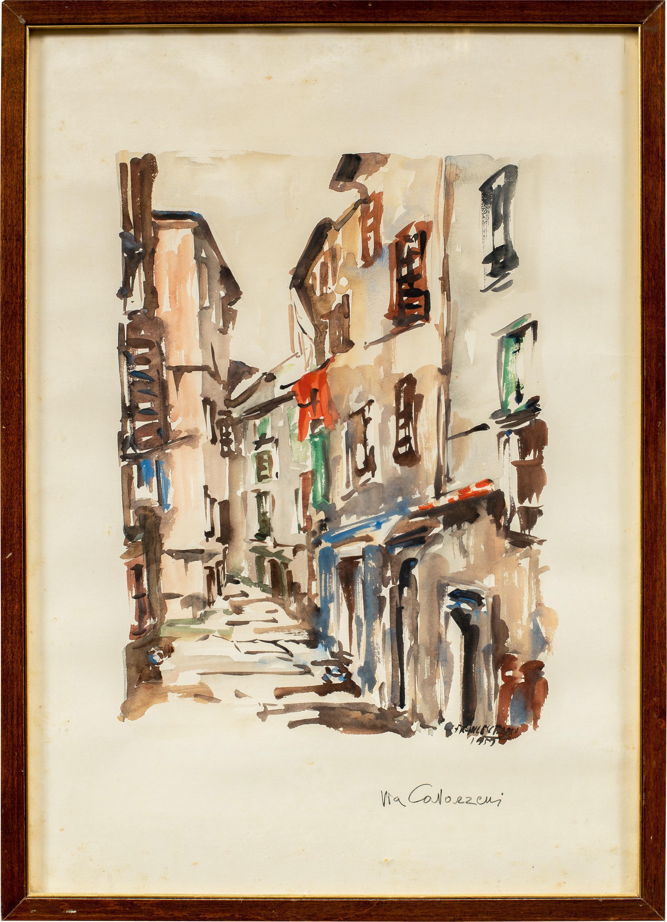 Franceschini Figurative Painting – Vedutist Trieste Maler - 20. Jahrhundert Landschaftsmalerei - Cavazzeni Straße