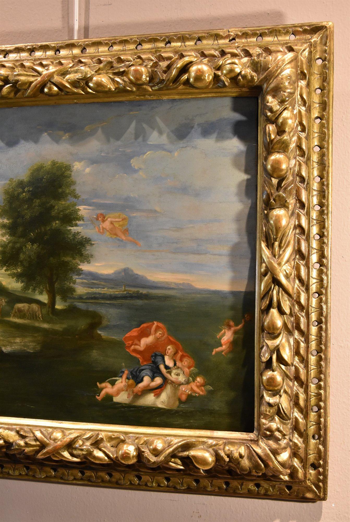 Viol d'Europa Peinture Albani 17/18e siècle Huile sur table Paysage de maître ancien - Marron Figurative Painting par Francesco Albani (Bologna 1578 - 1660)