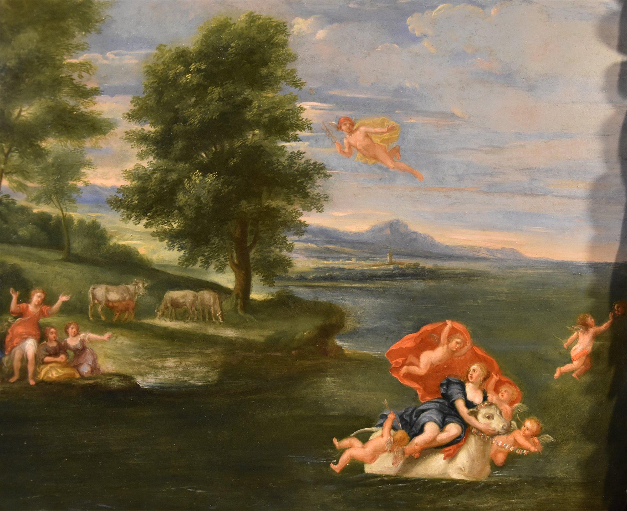 Viol d'Europa Peinture Albani 17/18e siècle Huile sur table Paysage de maître ancien en vente 1