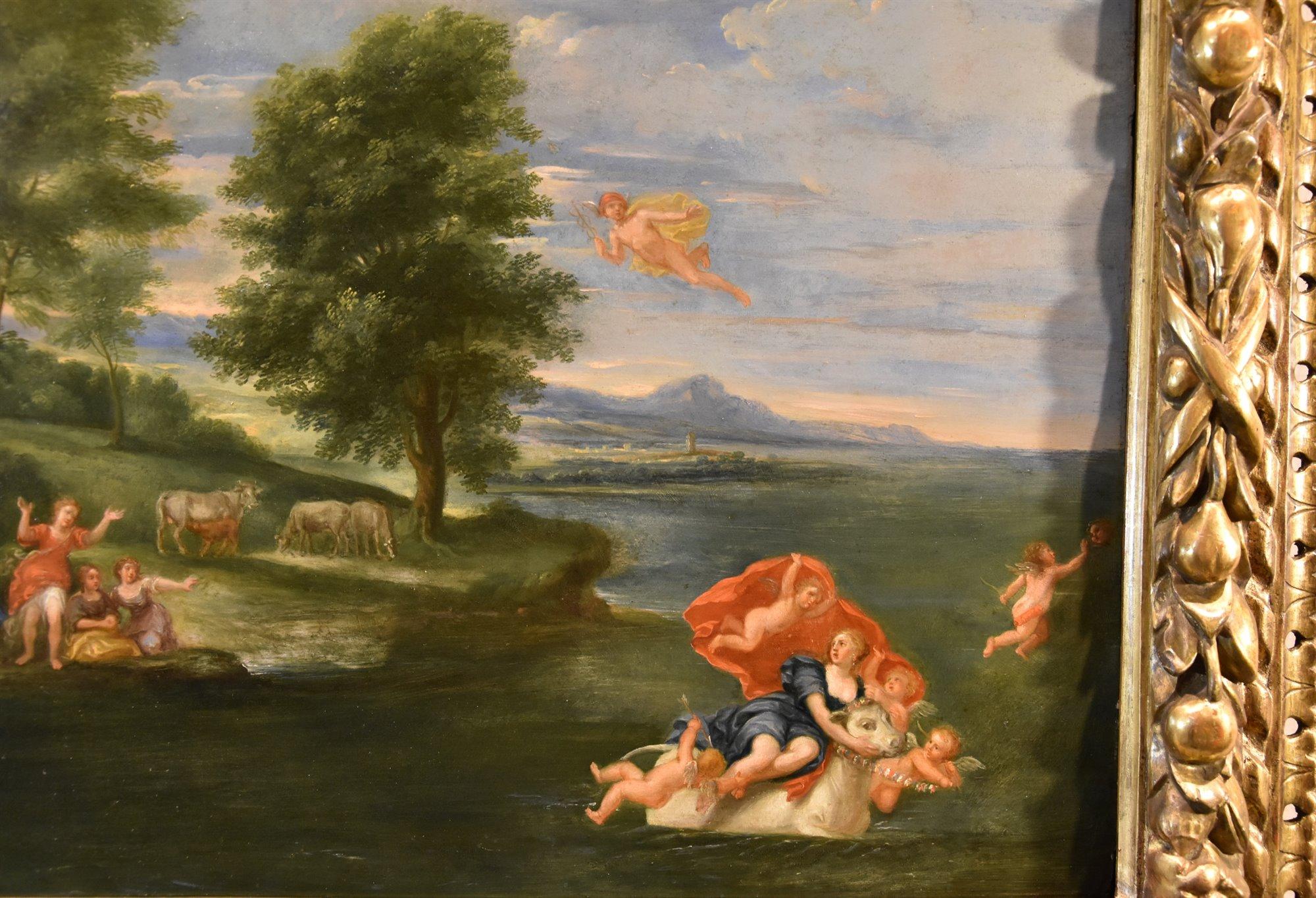 Viol d'Europa Peinture Albani 17/18e siècle Huile sur table Paysage de maître ancien en vente 2