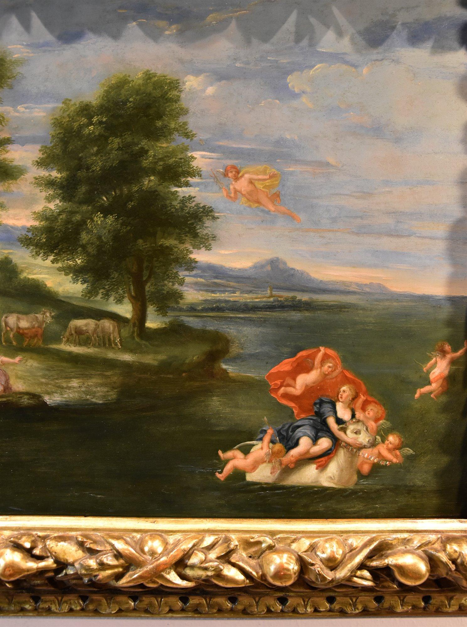 Viol d'Europa Peinture Albani 17/18e siècle Huile sur table Paysage de maître ancien en vente 4