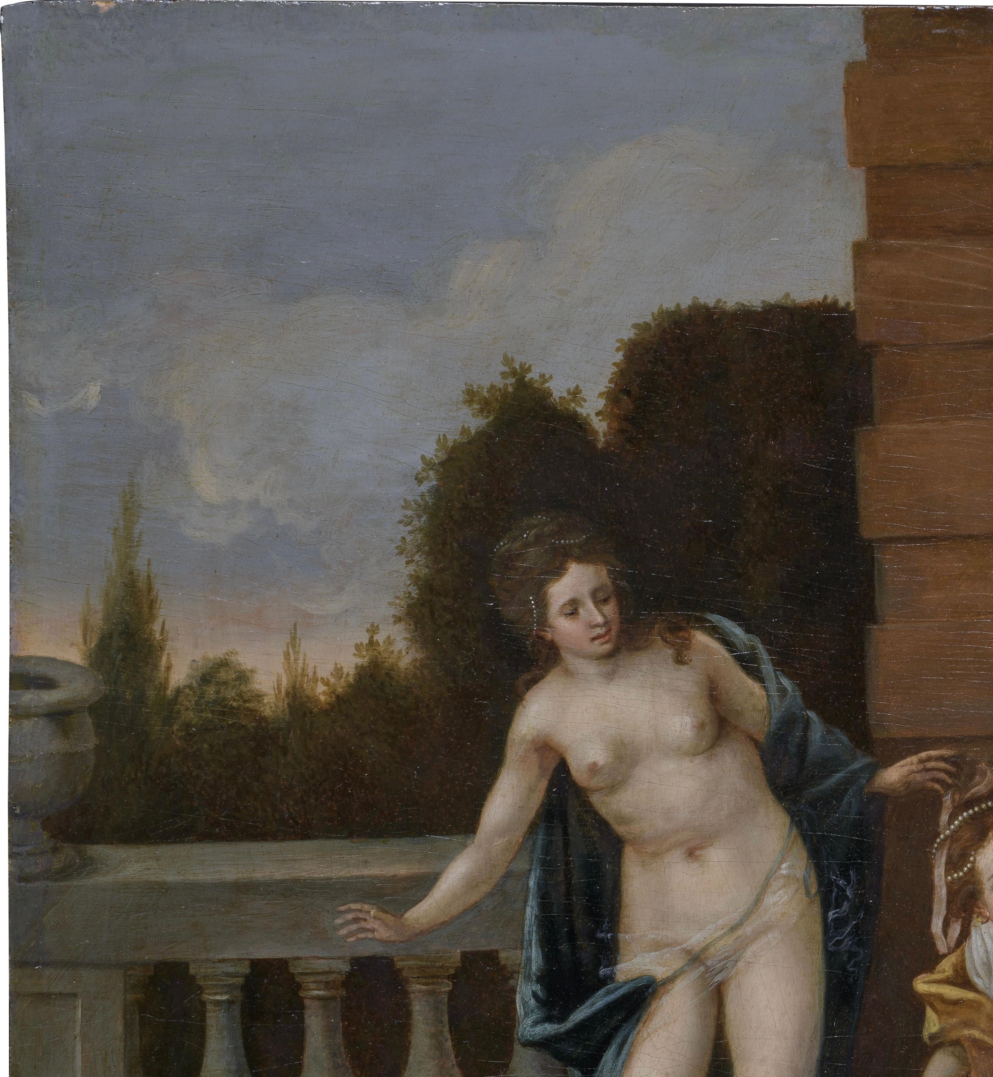 Cette importante peinture à l'huile sur bois représente un sujet très rare dans l'iconographie des peintures mythologiques anciennes : la naissance d'Erittonio. Erichthonius, qui succéda à Amphictyon et devint le quatrième roi mythologique