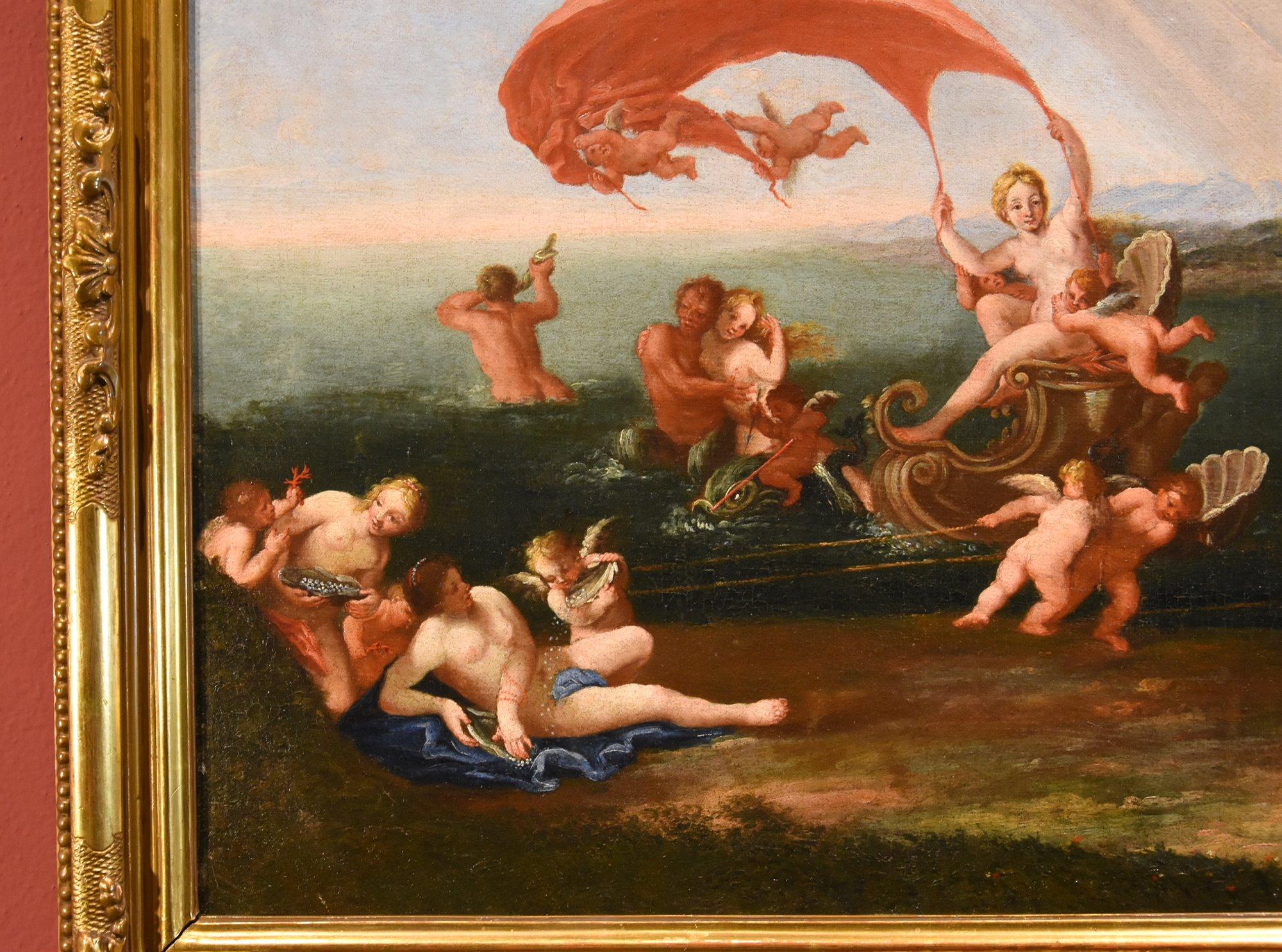 Francesco Albani (Bologne 1578 - 1660) Cercle de
Le triomphe de la nymphe Galatea (ou allégorie de l'eau)
d'après Ovide, Métamorphoses, livre XIII

Huile sur toile (53 x 72 cm. - dans le cadre 62 x 82 cm.)

La belle peinture proposée, représentant