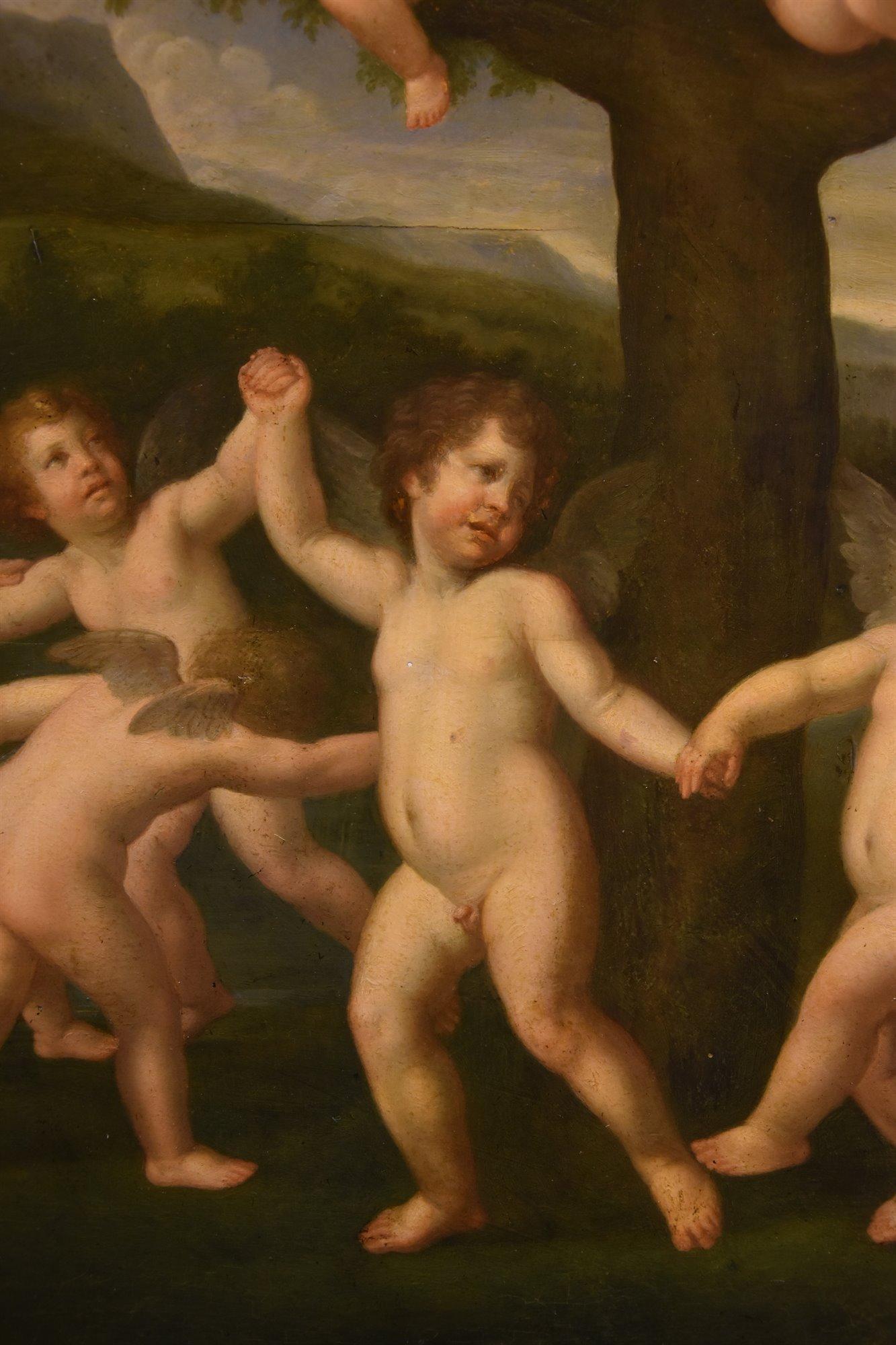 Tanz der Amoretten Albanimalerei 18/19. Jahrhundert Öl auf Tisch Altmeister Mythologisch im Angebot 5