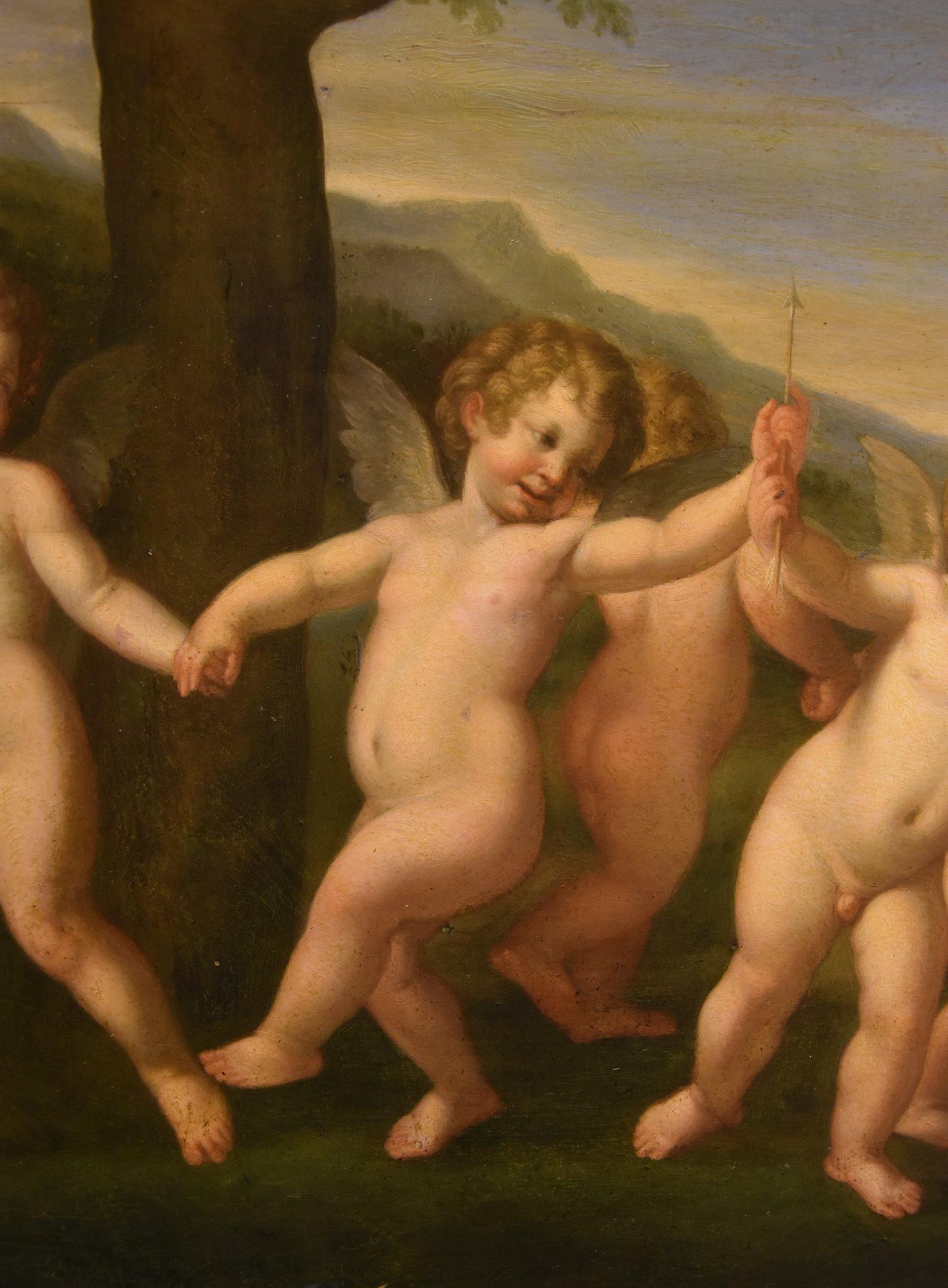 Tanz der Amoretten Albanimalerei 18/19. Jahrhundert Öl auf Tisch Altmeister Mythologisch im Angebot 6