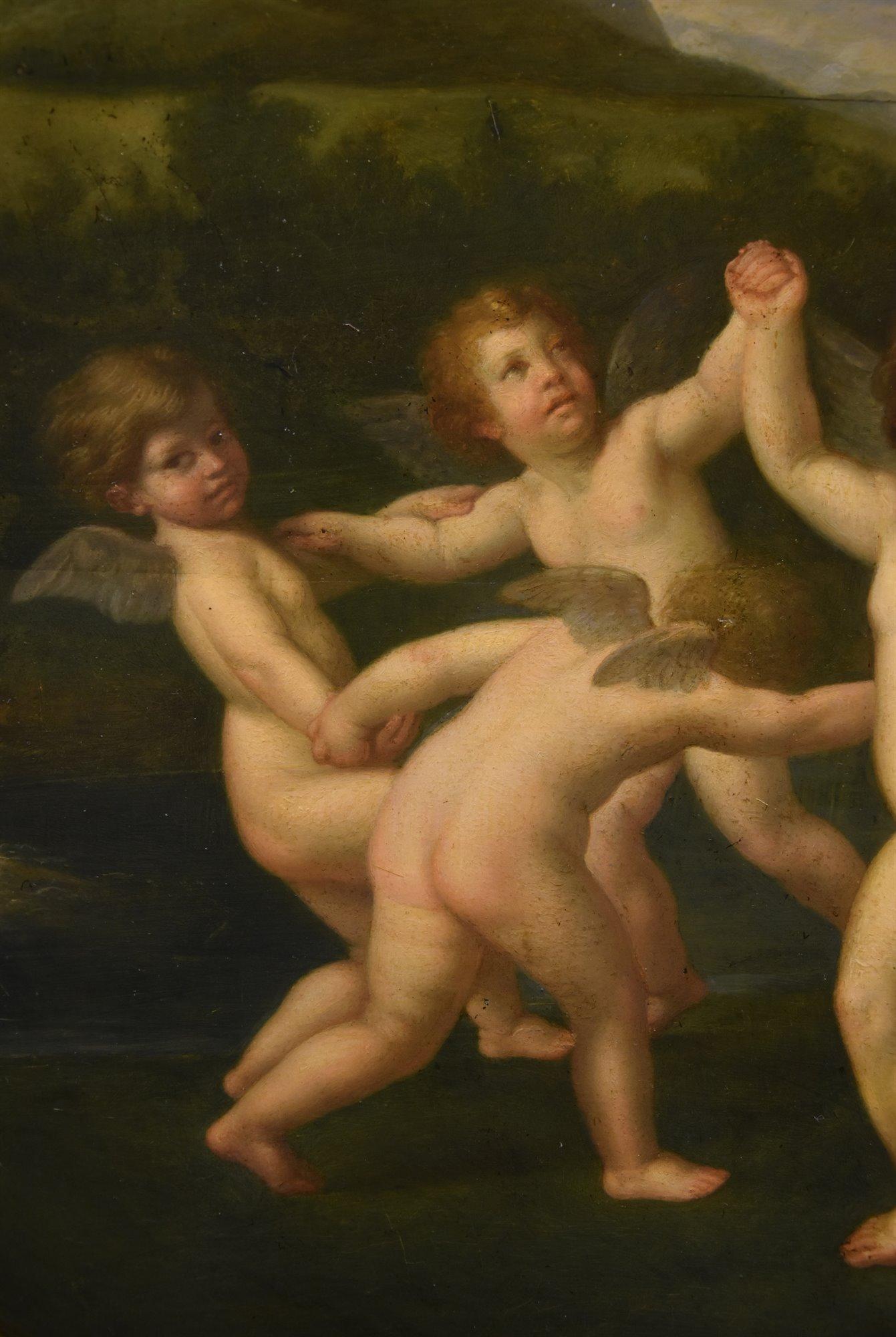 Tanz der Amoretten Albanimalerei 18/19. Jahrhundert Öl auf Tisch Altmeister Mythologisch im Angebot 8