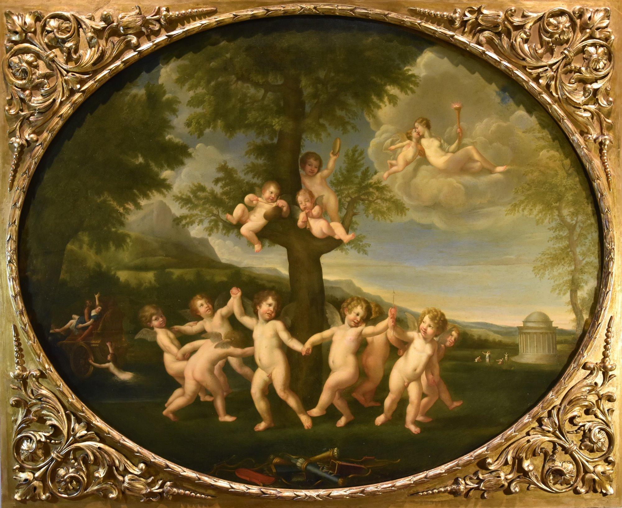 Tanz der Amoretten Albanimalerei 18/19. Jahrhundert Öl auf Tisch Altmeister Mythologisch – Painting von Francesco Albani (bologne 1578 - 1660) 