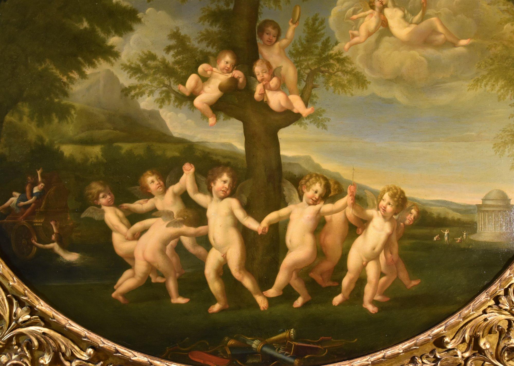 Tanz der Amoretten Albanimalerei 18/19. Jahrhundert Öl auf Tisch Altmeister Mythologisch (Alte Meister), Painting, von Francesco Albani (bologne 1578 - 1660) 