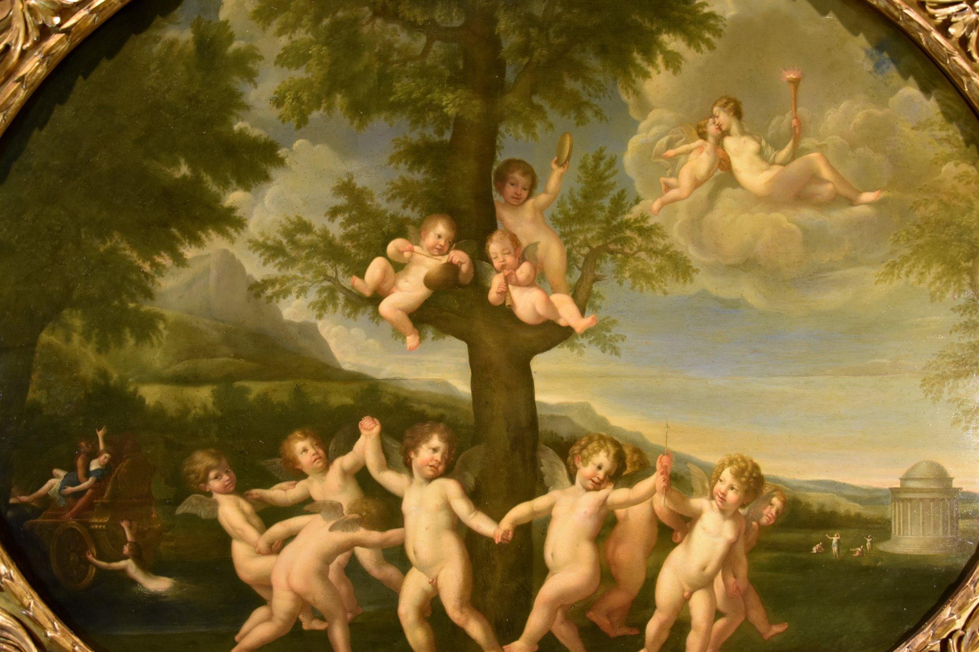 Tanz der Amoretten Albanimalerei 18/19. Jahrhundert Öl auf Tisch Altmeister Mythologisch (Braun), Landscape Painting, von Francesco Albani (bologne 1578 - 1660) 