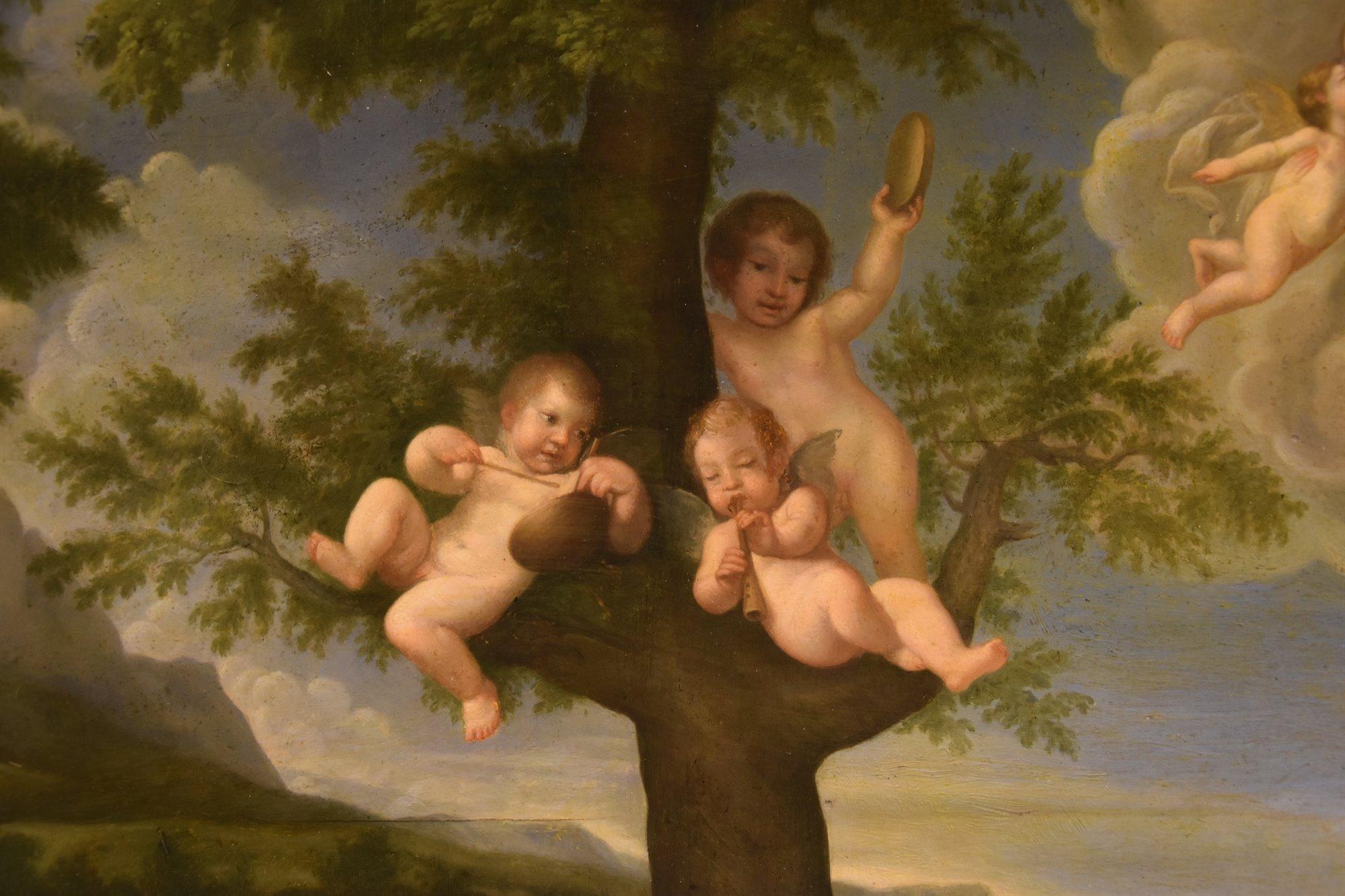 Tanz der Amoretten Albanimalerei 18/19. Jahrhundert Öl auf Tisch Altmeister Mythologisch im Angebot 4