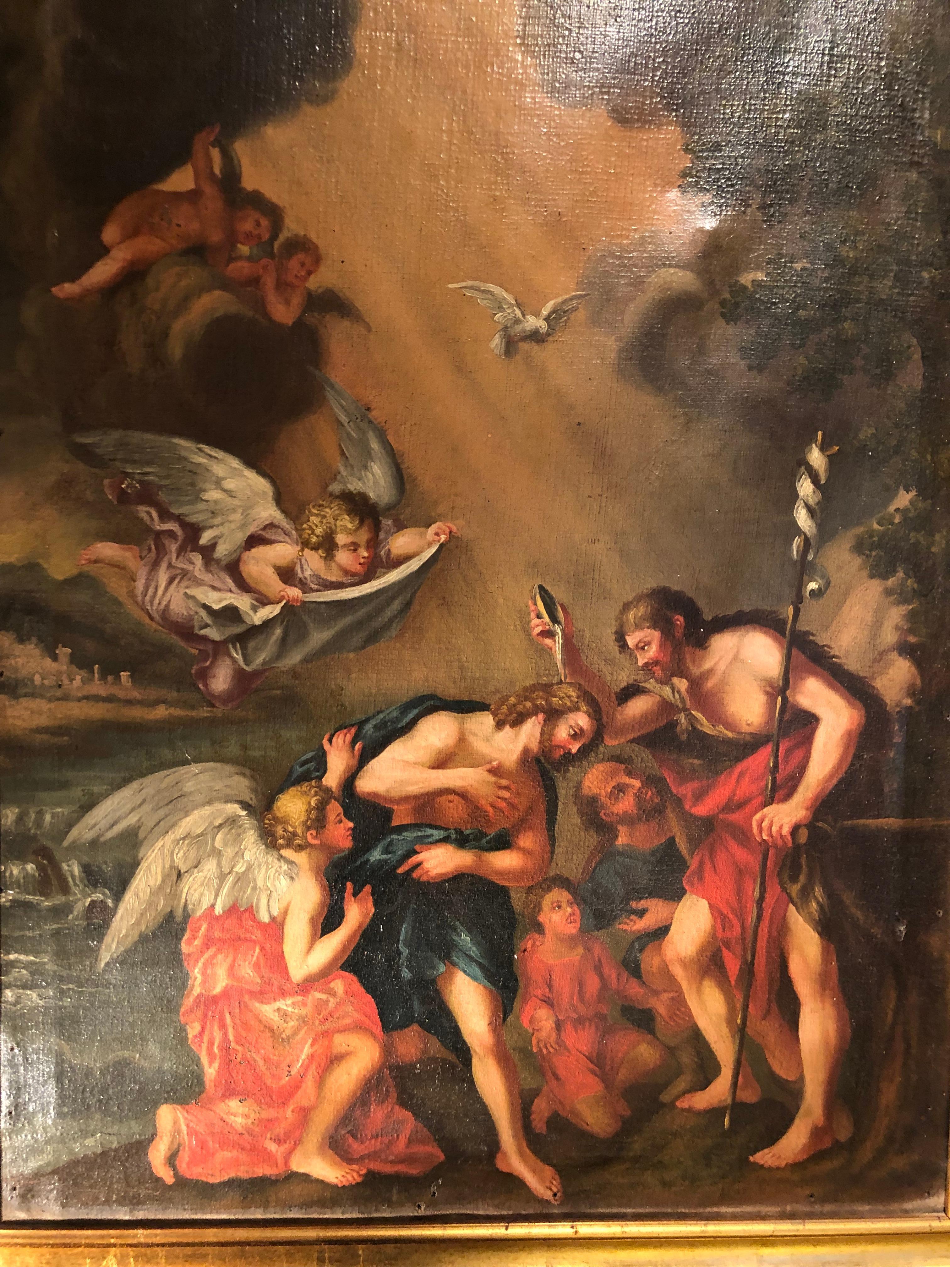 This painting of a holy subject shows a famous scene from the Gospel about the Baptism of Christ. In the foreground, Jesus is on the banks of the River Jordon, prostrate before Saint John the Baptist on the right who is baptizing Him with water. The