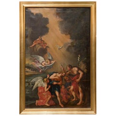 Antique Francesco Albani Follower Italian Framed Oil on Canvas Baptism of Christ 