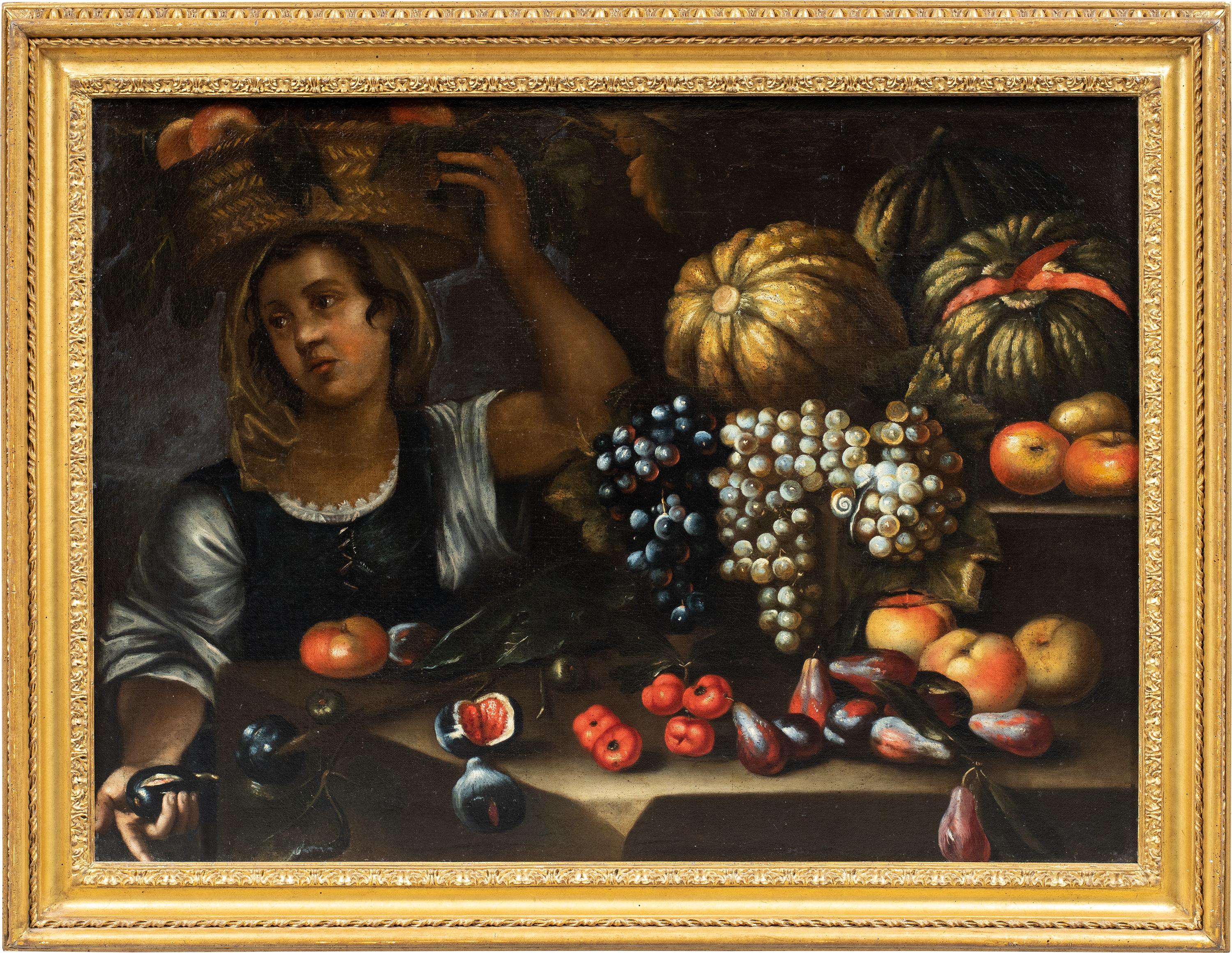Francesco Annicini (Rome 1632 - après 1679) - Nature morte avec vendeur de fruits.

73,5 x 98,5 cm sans cadre, 90 x 115 cm avec cadre.

Peinture à l'huile ancienne sur toile, dans un cadre en bois sculpté et doré.

- La peinture est certainement