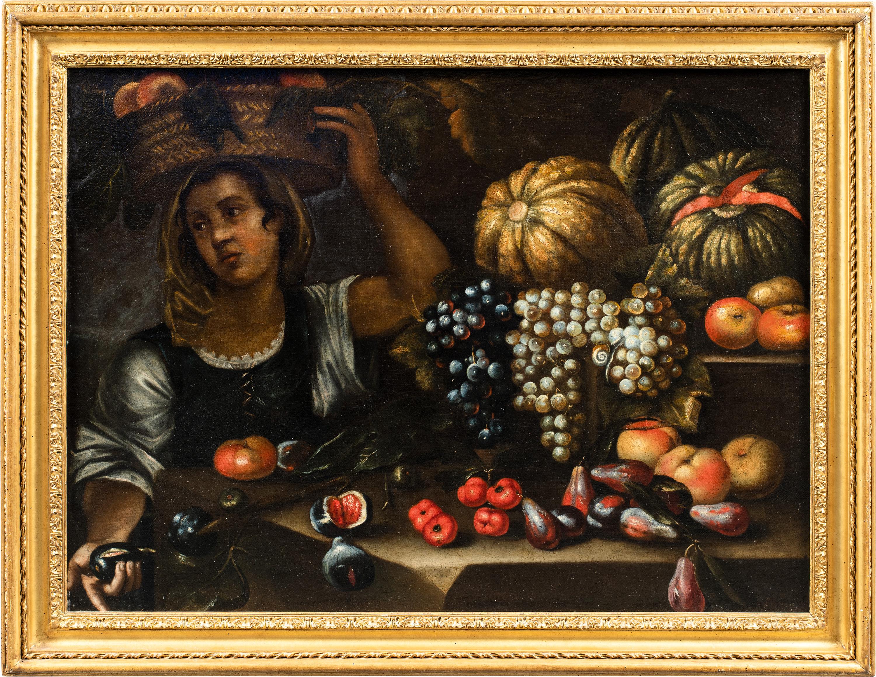 Francesco Annicini (Rom 1632 - nach 1679) - Stilleben mit Gemüsehändler.

73,5 x 98,5 cm ohne Rahmen, 90 x 115 cm mit Rahmen.

Antikes Ölgemälde auf Leinwand, in einem geschnitzten und vergoldeten Holzrahmen.

- Das Gemälde kann aufgrund von