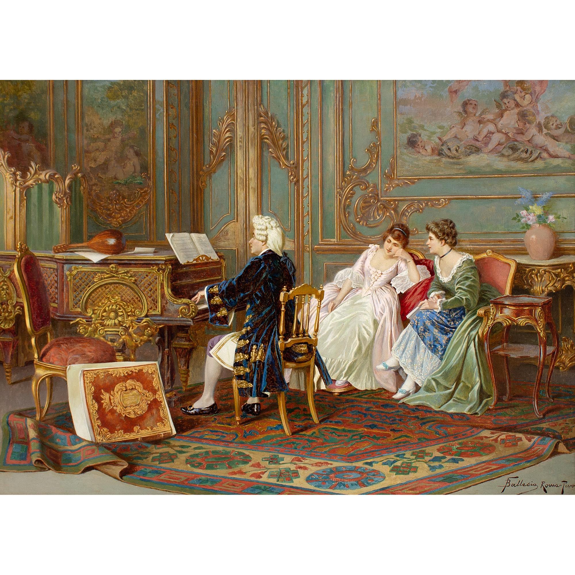 This exquisite late 19th-century oil painting by Italian artist Francesco Ballesio (1860-1923) depicts an 18th-century music lesson within a grand setting.

Surrounded by the various decorative embellishments of a plush Italian interior, a bewigged